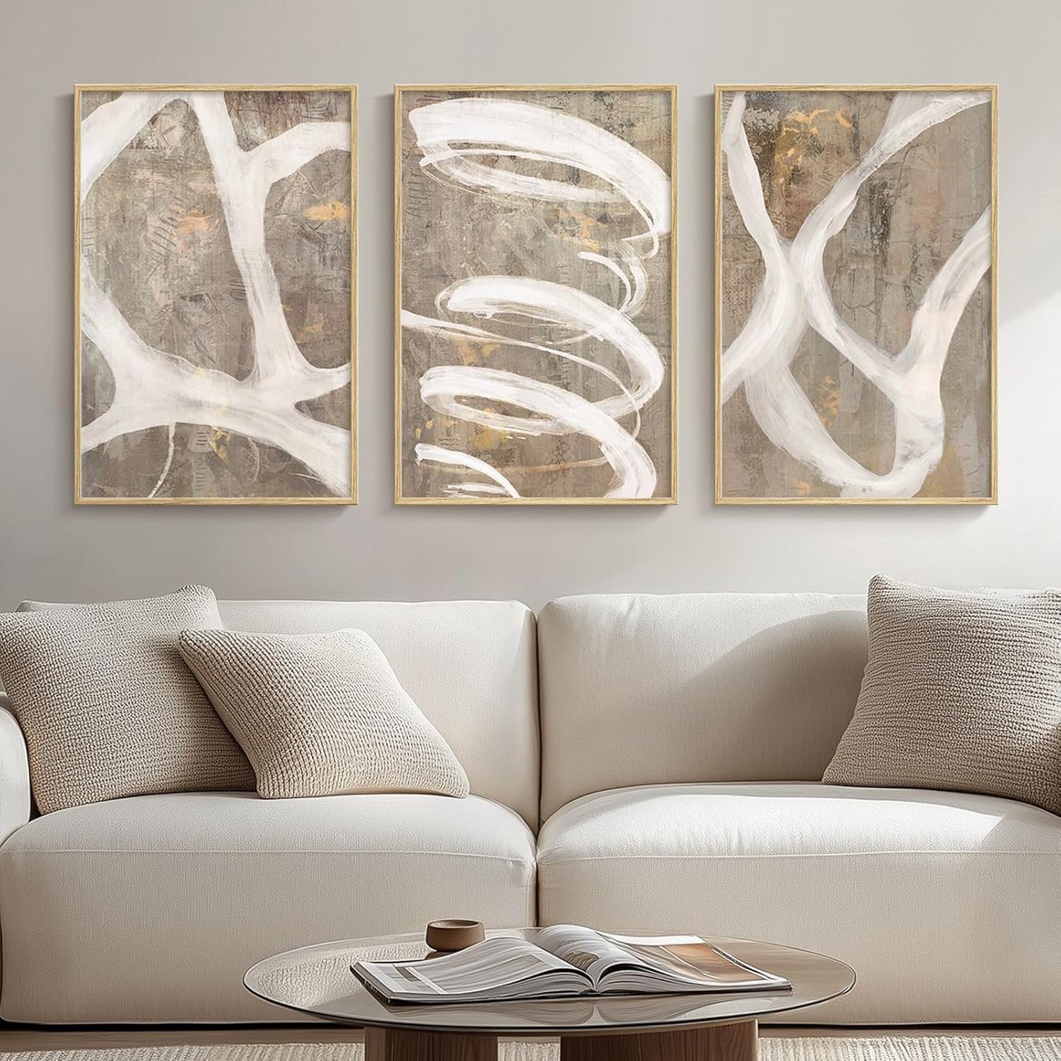 Framed Neutral Brown and Beige Abstract Wall Art for Living Room, 3 Piece Modern Canvas Prints Artwork for Walls, Minimalist Lines for Hallway Kitchen Room Bedroom Office Wall Decor 16x24 Inch 16"W x 24"H x 3pcs White Abstract Minimalist