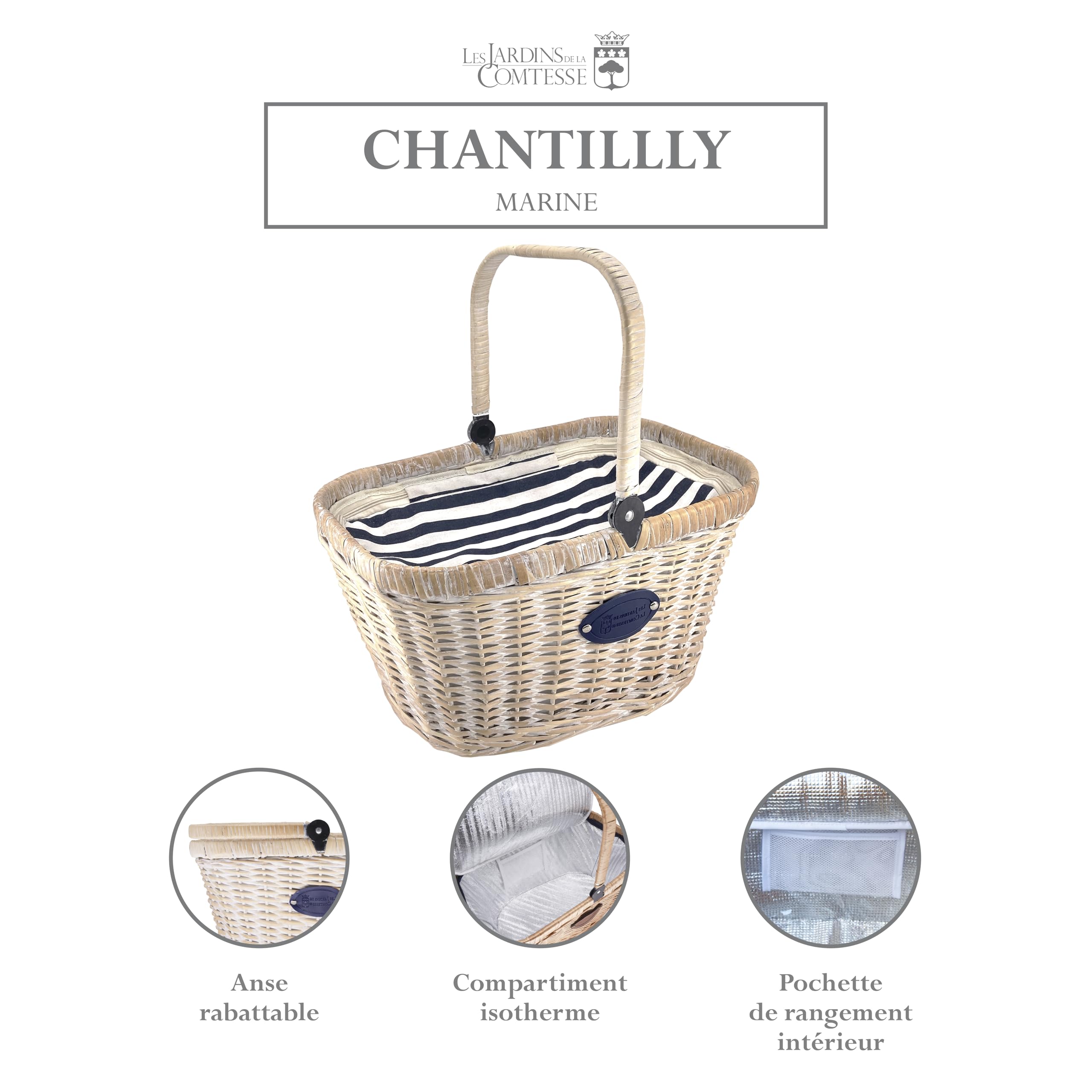Les Jardins de la Comtesse - Cesta Chantilly Marine de Mimbre Blanqueada - Nevera Isotérmica - para el Mercado, el Picnic o la Playa - Asa Plegable - Tela Azul/Rayas Blancas - 48 cm x 29 cm x 27 cm