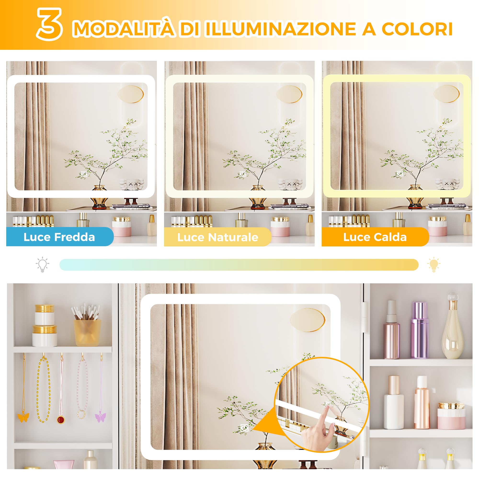 BEWISHOME Grande Toeletta da Trucco con Specchio e Luci, Sgabello e Presa | luminosità Regolabile,Tavolo Trucco con 8 Cassetti e 8 Ripiani Aperti, Moderna Postazione Trucco per Camera da Letto, EFST53M