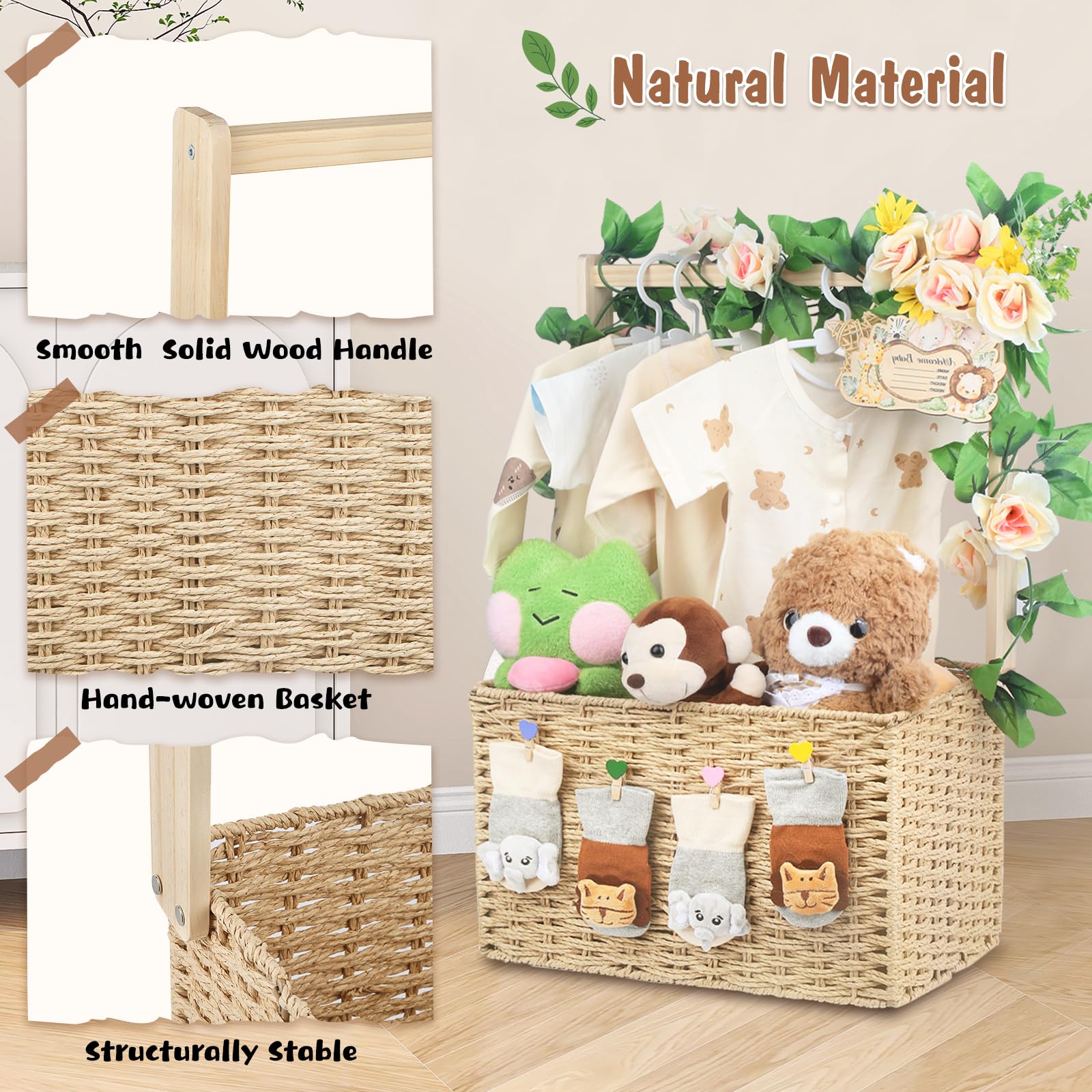 Wisreach Armario de madera para baby shower, cesta de almacenamiento plegable tejida a mano para regalos de baby shower, cesta de regalo de bienvenida para recién nacidos, niños y niñas, regalos de