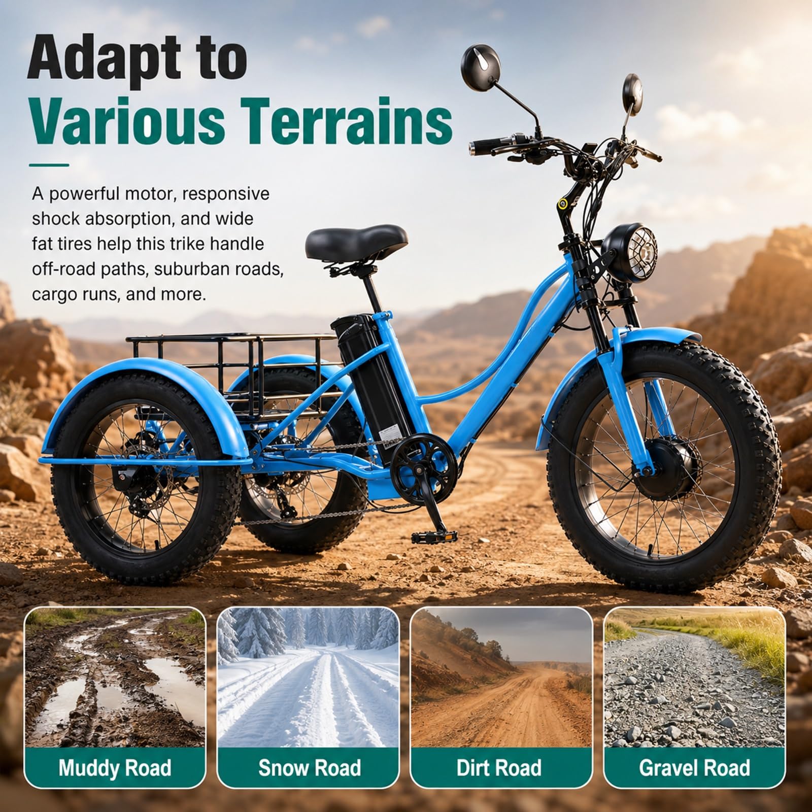 Triciclo Elettrico Per Adulti – E-bike A 3 Ruote Con Pneumatici Fat Da 24 Pollici, Batteria Da 48V 18Ah, Cambio A 7 Velocità, Autonomia Di 40 Miglia, 3 Modalità Di Guida, Display LCD(Green)