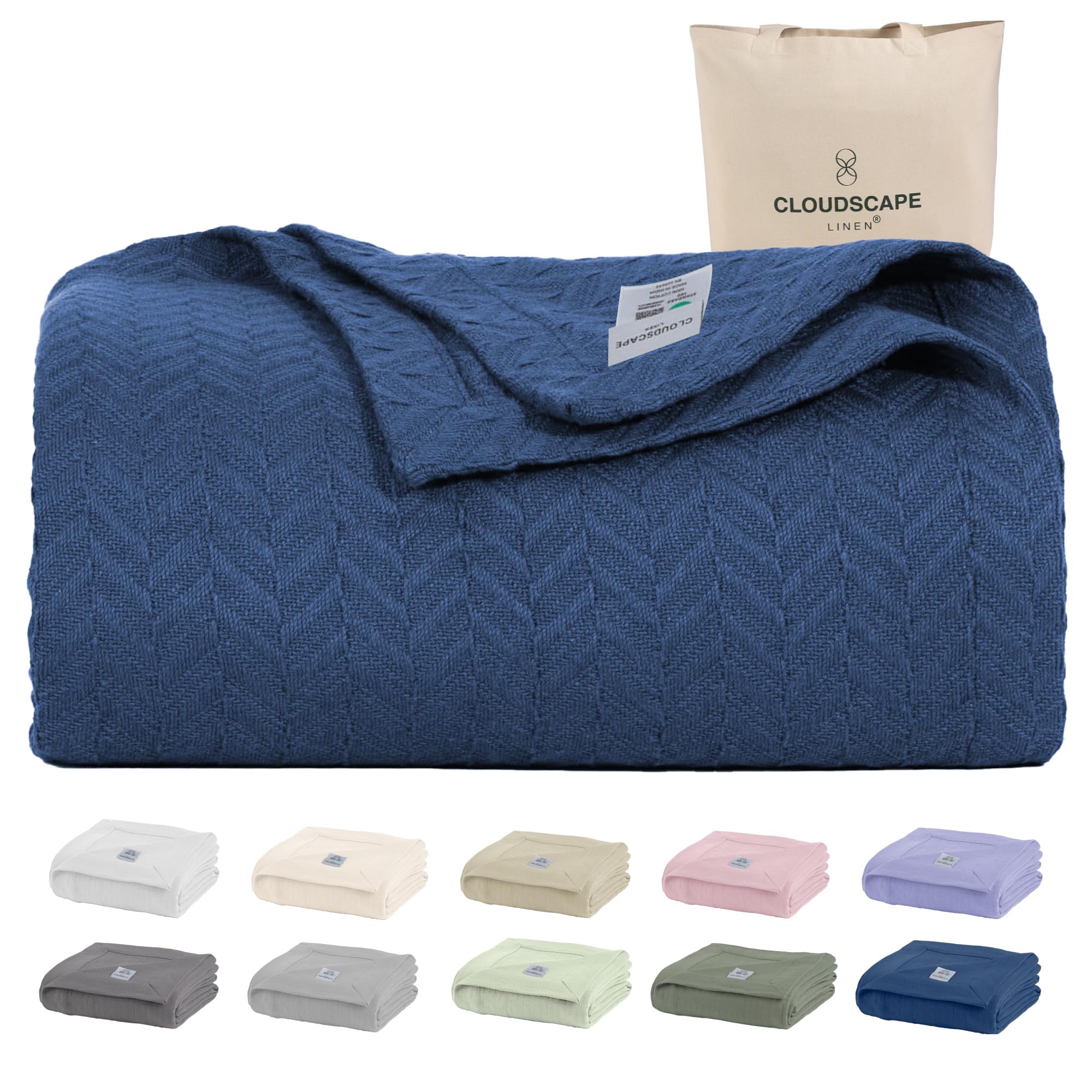 Cloud Scape Linen 100% Cotton Blanket Twin 68x92 Ensign Blue - Cozy Herringbone Weave, Fits Up to Twin XL Size Beds, Breathable Softness, All-Season