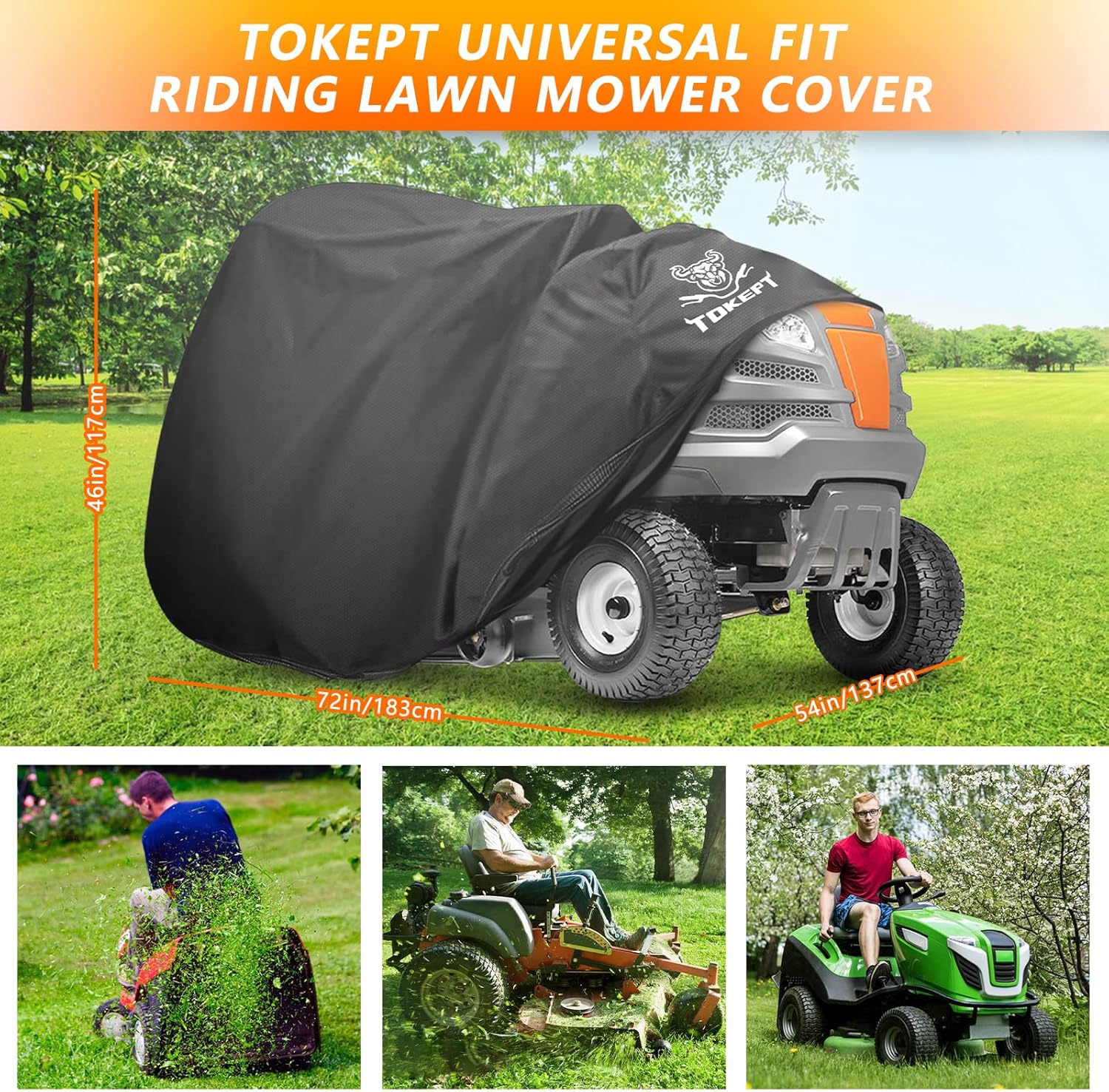 Riding Lawn Mower Cover,Outdoor Waterproof Lawn Tractor Cover with Storage Bag Fit for Decks up to 54" Universal Garden Tractor 72"L x 54"W x 46"H (Black)