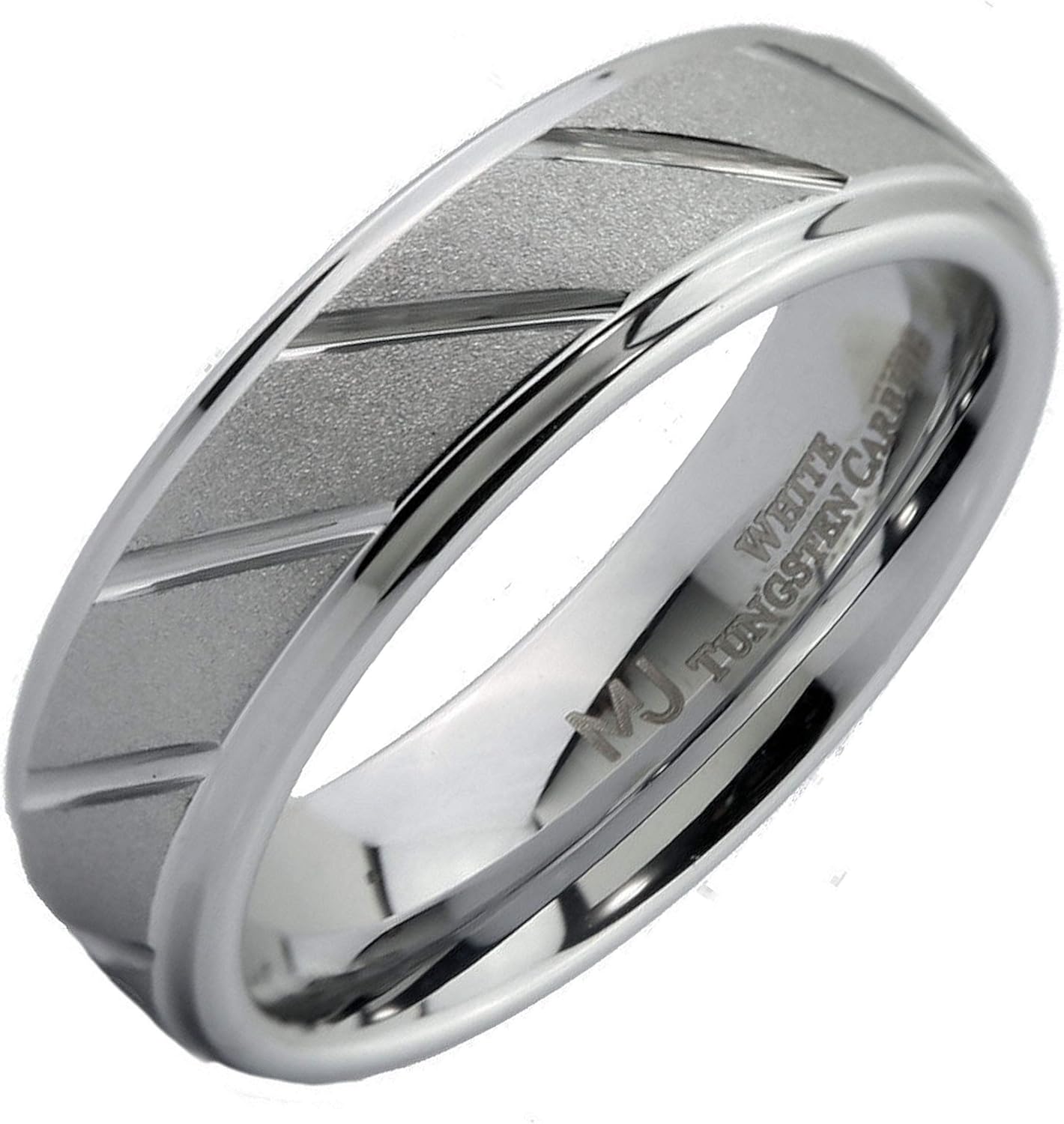 White Tungsten Ring 6mm or 8mm Wedding Band Sand Blasted with Diagonal Lines Comfort Fit Ring