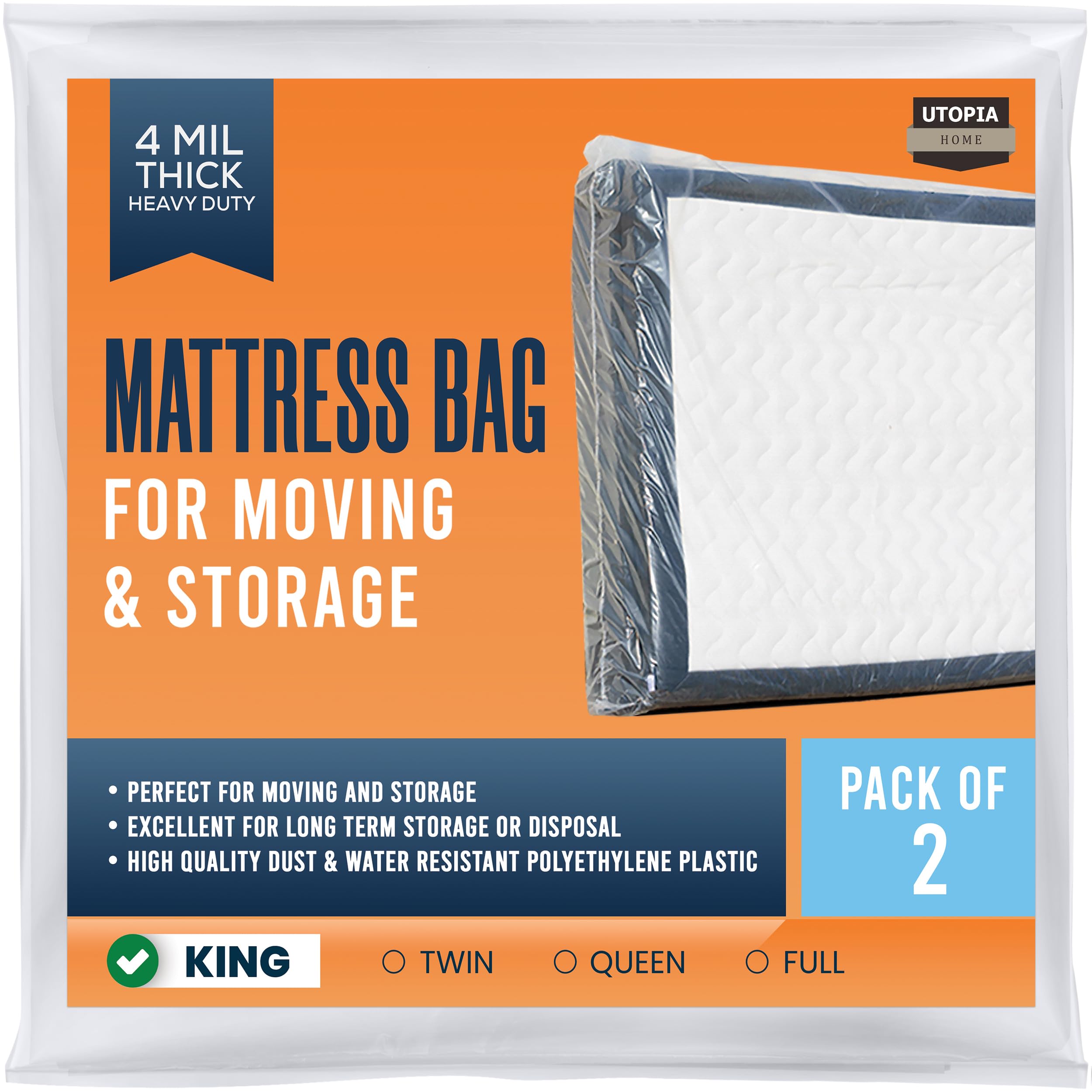 Utopia Home King Size Mattress Bag for Moving (2 Pack), 4 Mil Heavy Duty Plastic Storage Bag, Mattress Encasement Cover Fits Mattresses up to 14 Inches
