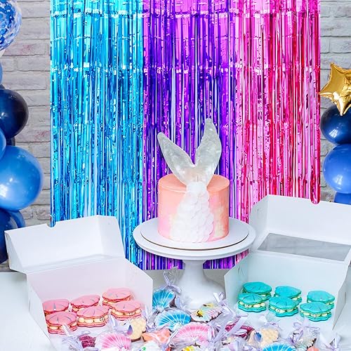 Miniatura 4 de LOLStar Decoraciones de cumpleaños de Sirenita, paquete de 2 cortinas de flecos de papel de aluminio de oropel azul púrpura fucsia de 3.3 x 6.6