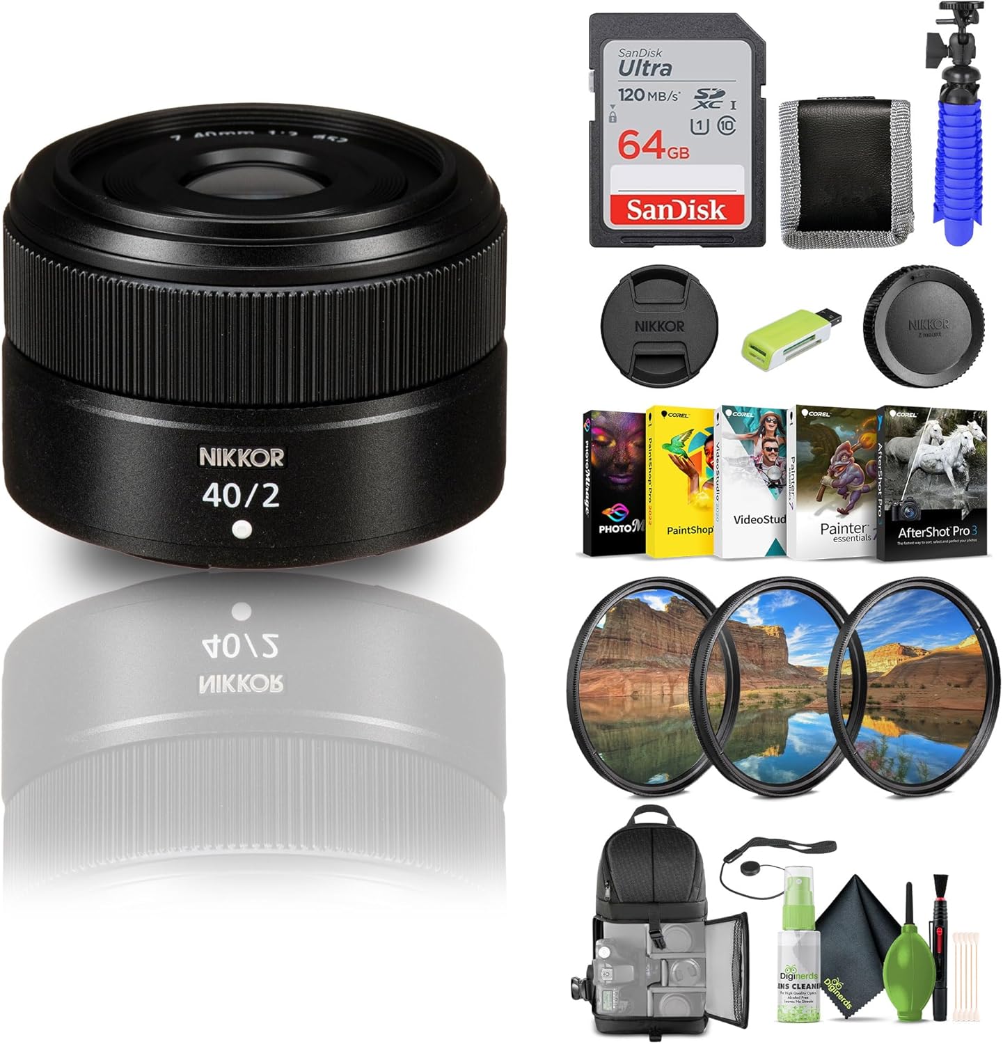 Nikon NIKKOR Z 40mm f/2 Standard Prime Lens for Nikon Z Cameras (20102) + 64GB Memory Card + Filter Kit + Backpack + Card Reader + Corel Photo Software + Flex Tripod + Memory Wallet + More
