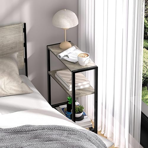 Miniatura 4 de Mesa auxiliar estrecha para espacios pequeños, mesa auxiliar pequeña de 2 niveles con soporte para estantes, mesita de noche delgada, mesa de sofá