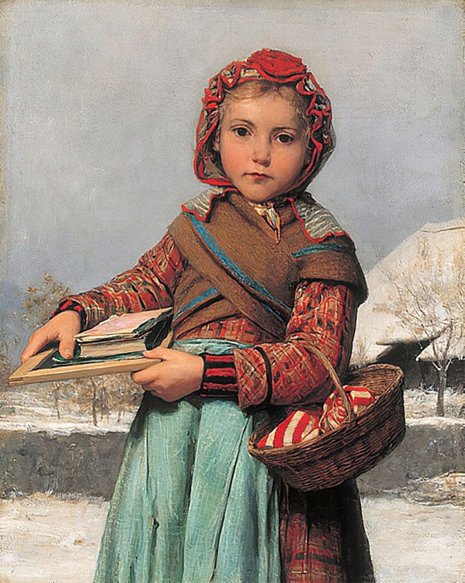 POSTERIIk Famous Modern Artwork Art Mural Schoolgirl with Slate and Workbasket by Albert Anker Oil Paintings Pictures for Home Decor 60x90cm