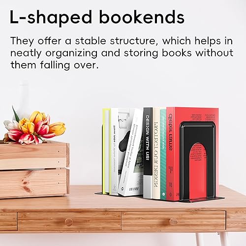 Miniatura 6 de Sujetalibros, soporte de metal resistente para libros, soportes de extremos de libros para decoración de estantes, hogar, oficina, escuela (2 pares4