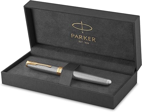 PARKER Pluma estilográfica Sonnet plata cincelada Prestige con borde dorado punta mediana de oro sólido de 18 quilates