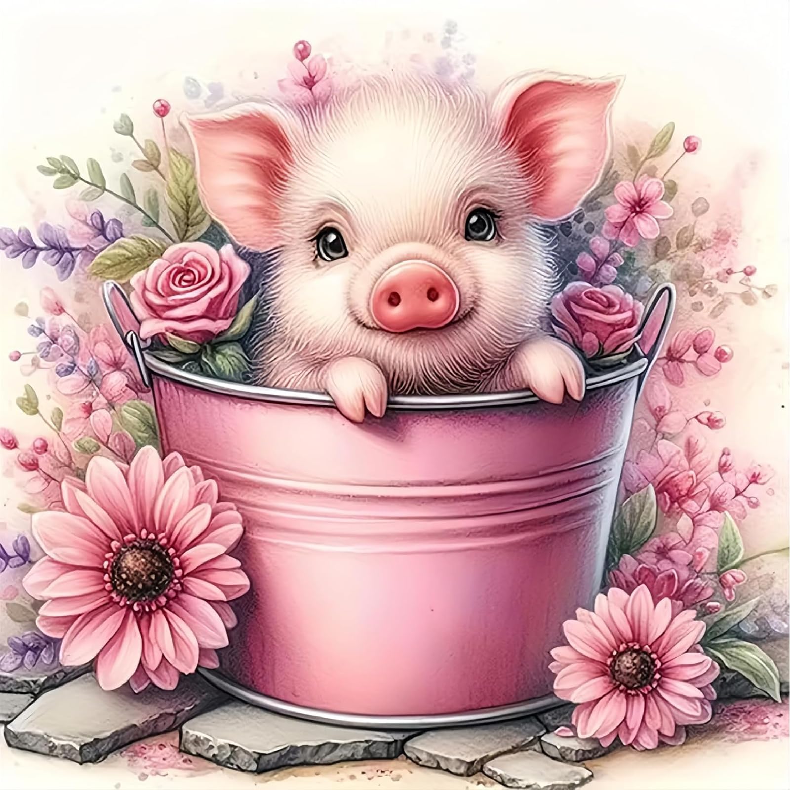 Jakener Cute Pig Diamond Art Kits Adults, Flower Diamond Painting Kit for Adults Beginner, DIY Full Round Drill Crystal Gem Art Craft, 5D Adults Paint by Diamonds Dots for Home Wall Decor 14x14 Inch