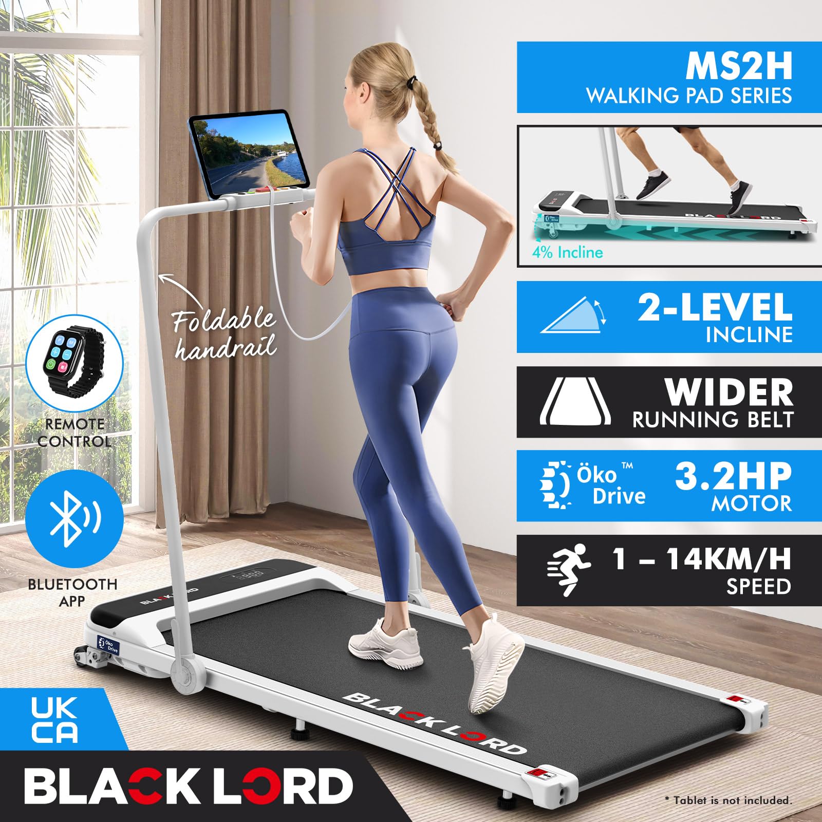 BLACK LORD Walking Pad 3.2HP, tapis roulant per casa, tapis roulant sotto scrivania con display a LED, altoparlante Bluetooth e telecomando da polso, macchina da corsa con inclinazione a 2 livelli, 1