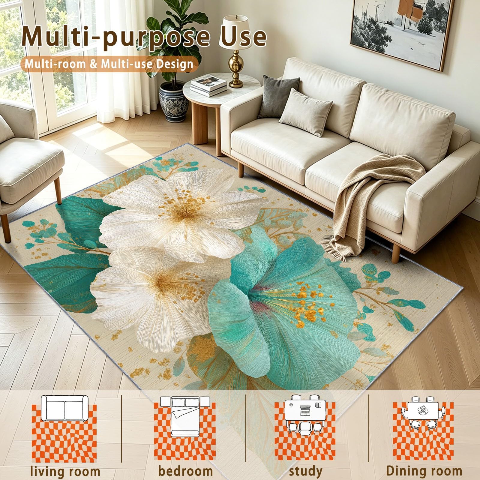 Tappeto Glam classico vintage floreale con foglie, antiscivolo e lavabile, per sedia da ufficio, ingresso e sala da pranzo, 60 x 120 cm, tappeto a pelo basso, per interni ad alto traffico, beige