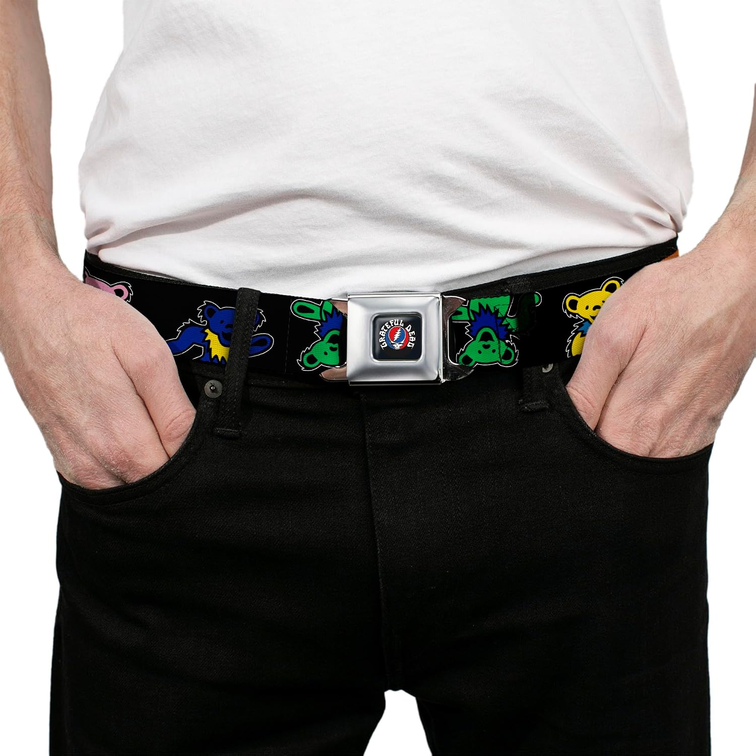 Grateful Dead Belt, Seatbelt Buckle Belt, Grateful Dead Dancing Bears Close Up Black Multi Color, Adjustable