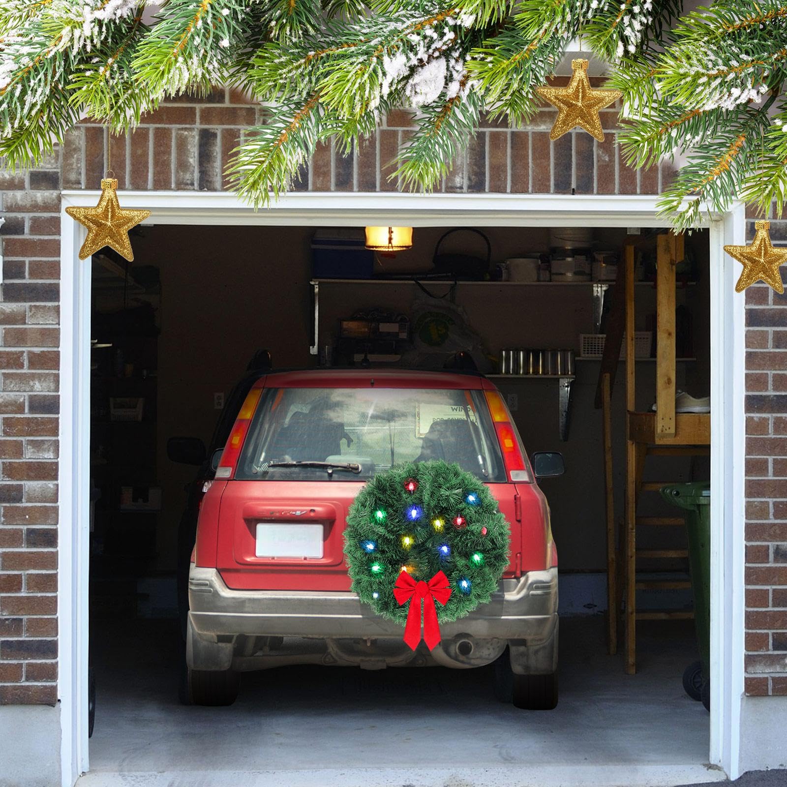 Grande couronne de Noël à LED pour voiture - Couronne de Noël artificielle pour grille avant de voiture - Couronne de Noël lumineuse avec nœud rouge - Décorations de Noël pour camion compatible