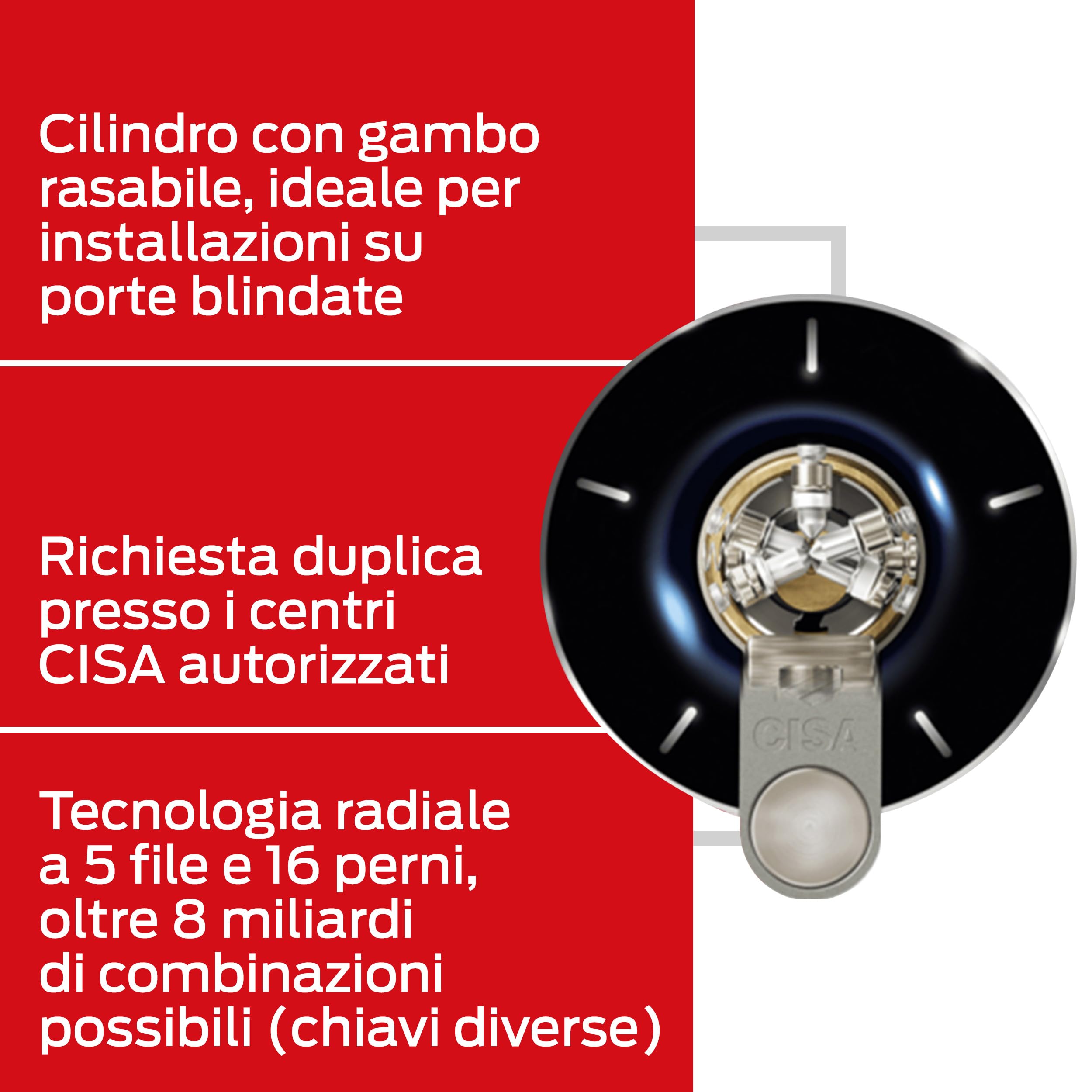 CISA - Cilindro Europeo RS5 10R3M707012 per Serratura Porta Blindata - Cilindro Serratura 30/30 con 5 File di Perni Radiali e 3 Chiavi a Duplica Digitale Protetta - Predisposizione al Pomolo