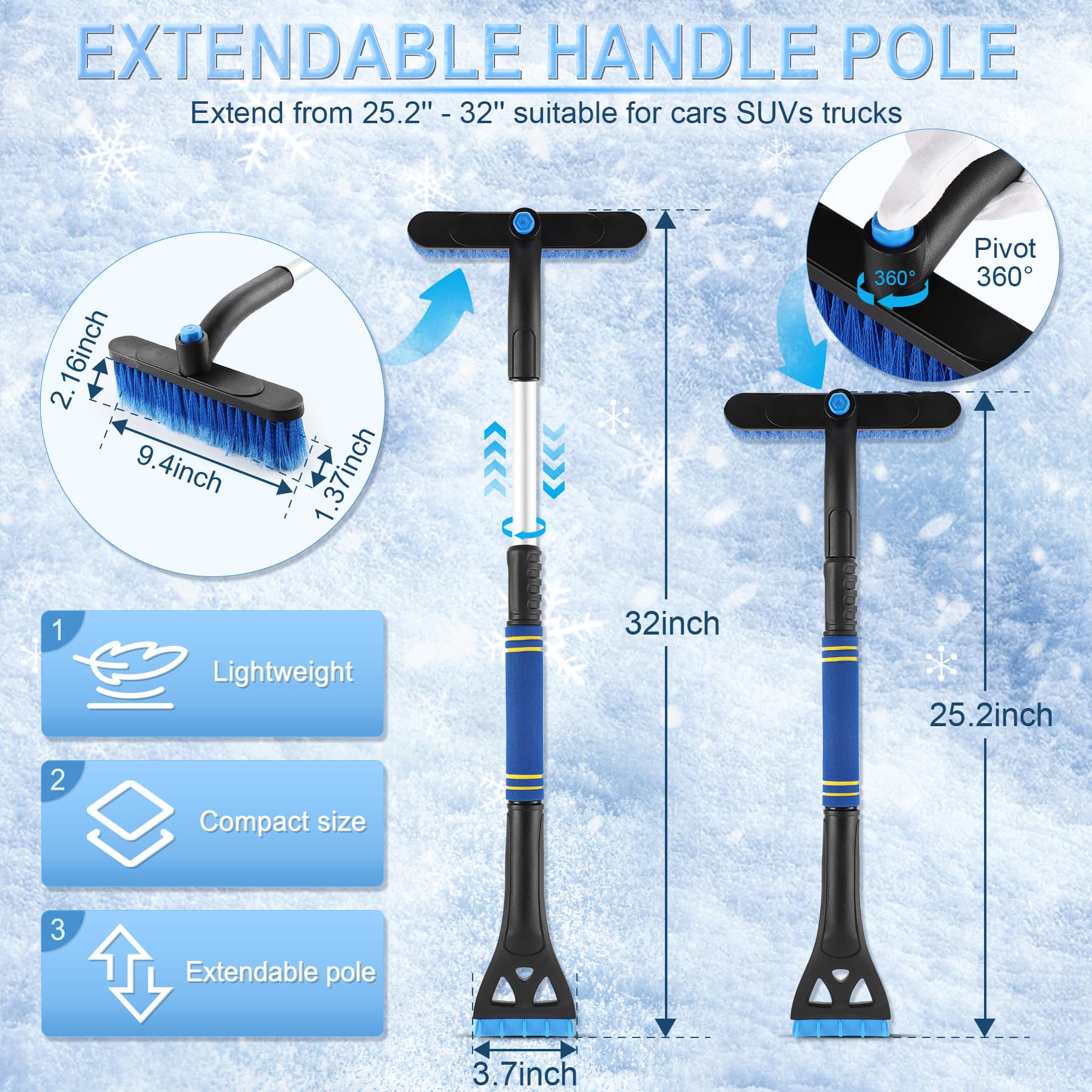LivTee Scraper And Snow Brh Car Windshield, 32 Extendable Snow Removal With 360 Rotating Brush Automotive Exterior Accessories And Winter Essentials Trucks And Suvs Yellow P 299003332