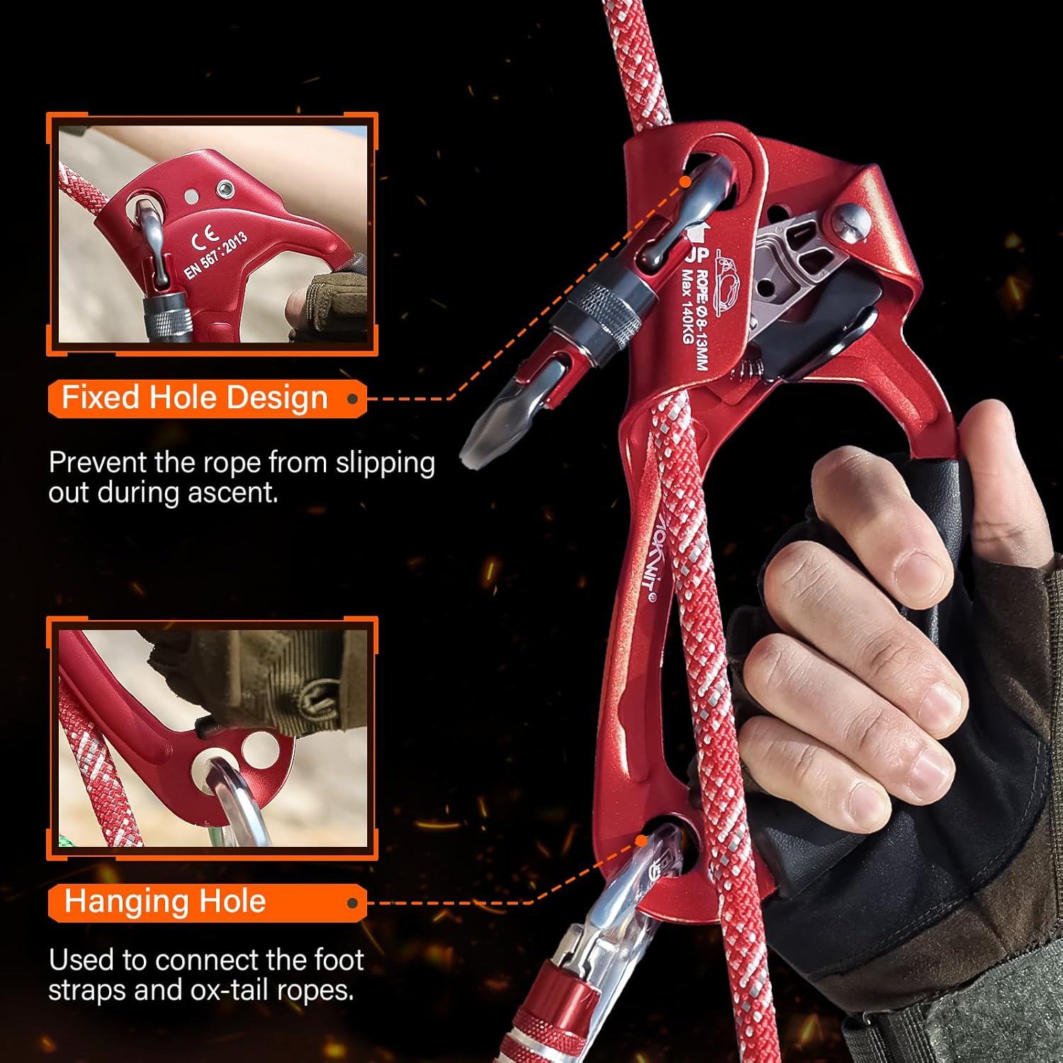 Hand Ascender with Ergonomic Rubber Handle Strong Rappelling Gear Equipment and Zip Line Pulley Durable Aluminum Stainless Steel Roller Double Climbing Pulley for Hauling Rock Climbing Tree Arborist