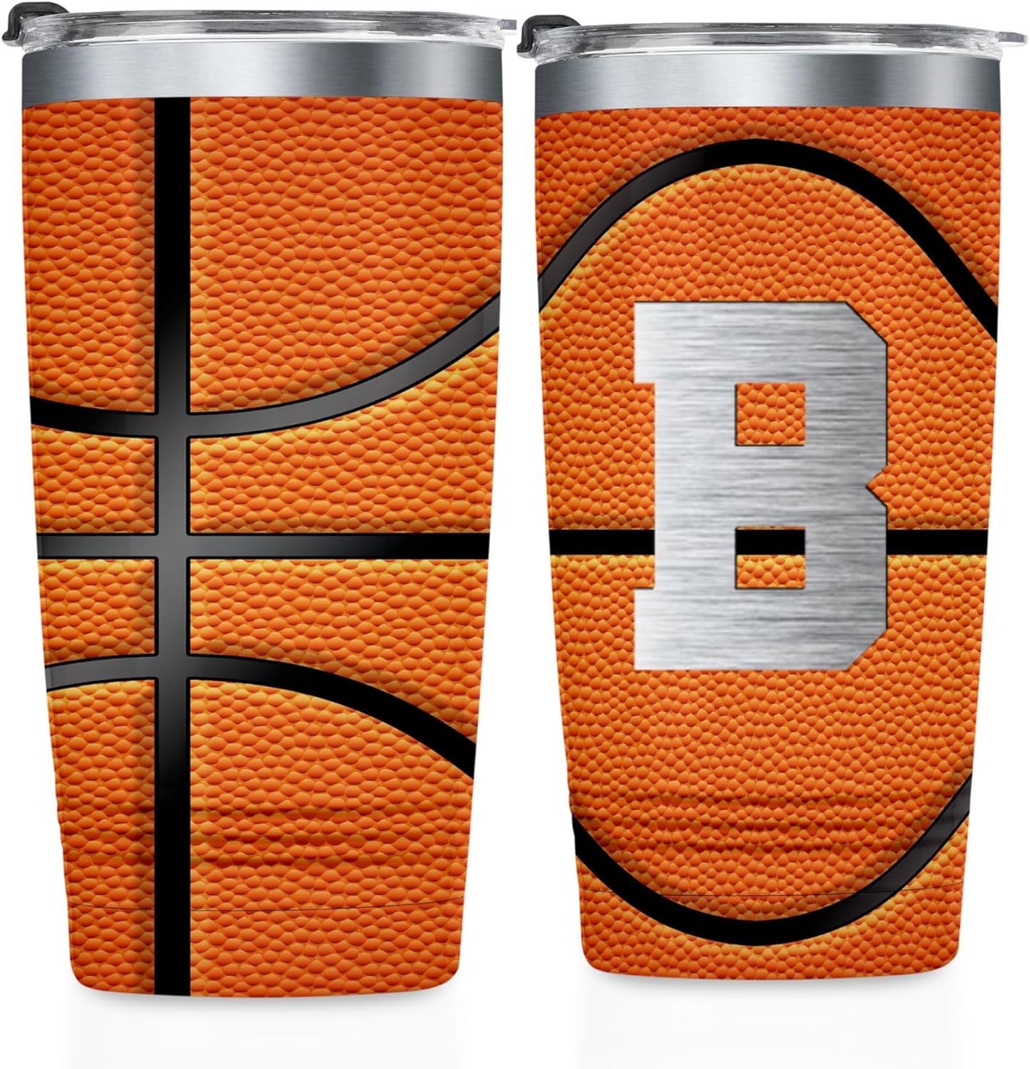 Onebttl Personalized Basketball Gifts for Teen Boys, Men, Coaches, 20oz Stainless Steel Tumbler with Laser Etched Initials for Basketball Players, Lovers, Orange – B