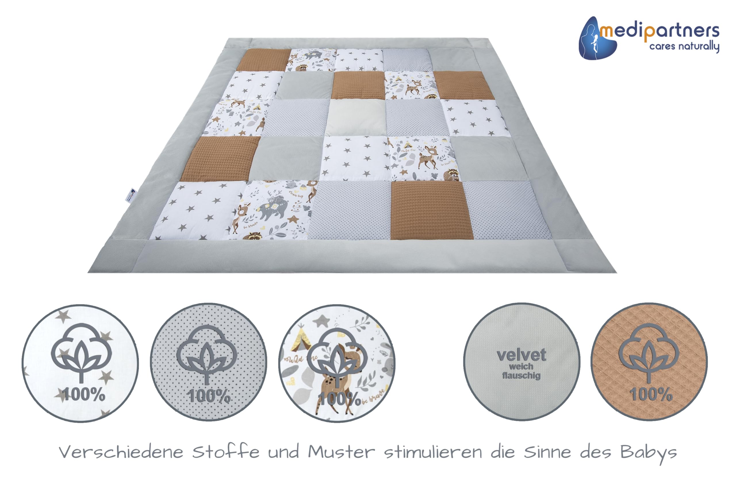 Medi Partners Krabbeldecke für Baby Spielmatte 100% Baumwolle Krabbelmatte - 120x120cm Krabbeldeck Dick Weich Decke Laufgittereinlage Babydecke Minky Waffel Spielbogen (REH)
