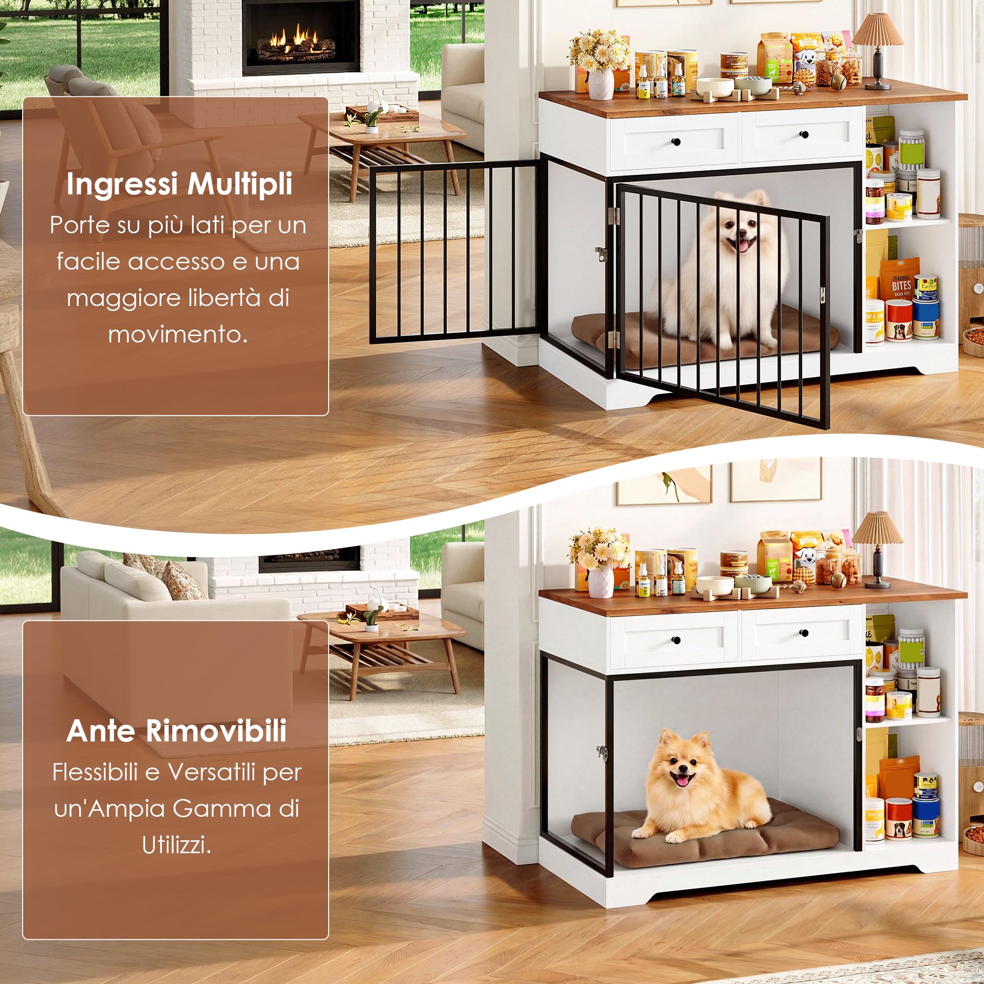 FirFurd 120cm Gabbia per Cani con 2 Porte, Kennel Cane Medio con 2 Cassetti e 2 Scomparti Aperti, Cuccia in Stile Mobili con Stoccaggio in Metallo e Legno, 120x60x87 cm (Bianco+Marrone)