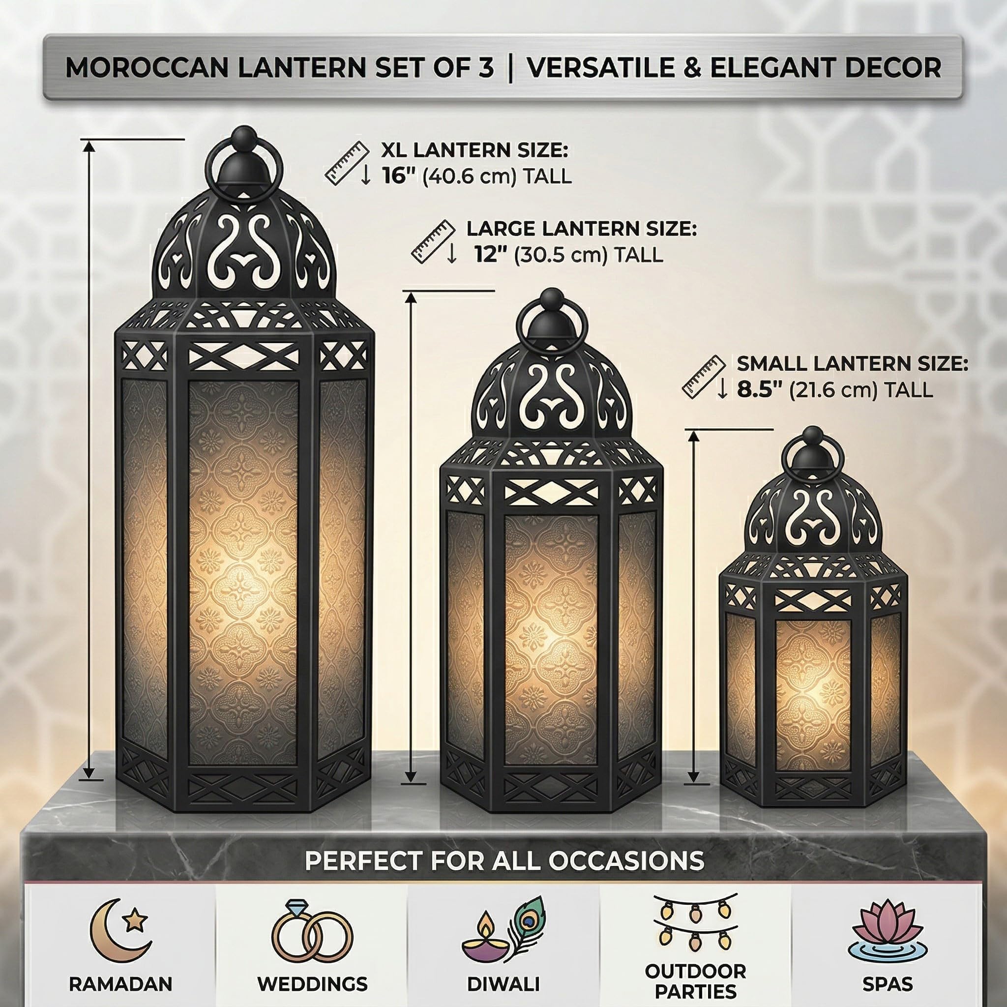 Vela Lanterns Zestaw 3 lampionów marokańskie świeczniki dekoracyjne na podłogę Ramadan dekoracja wnętrz dekoracja domu na zewnątrz patio ganek Halloween ślub fioletowy kolor