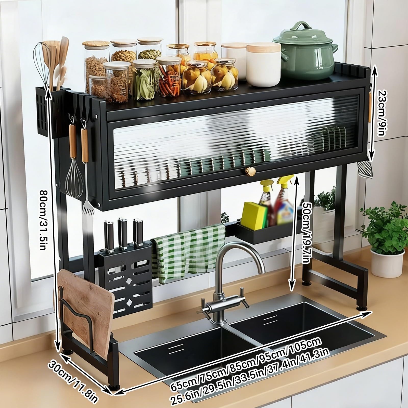 Escurridor de platos sobre el fregadero, estante grande de metal para ahorrar espacio con cubierta para platos, vasos, cuencos y cubiertos