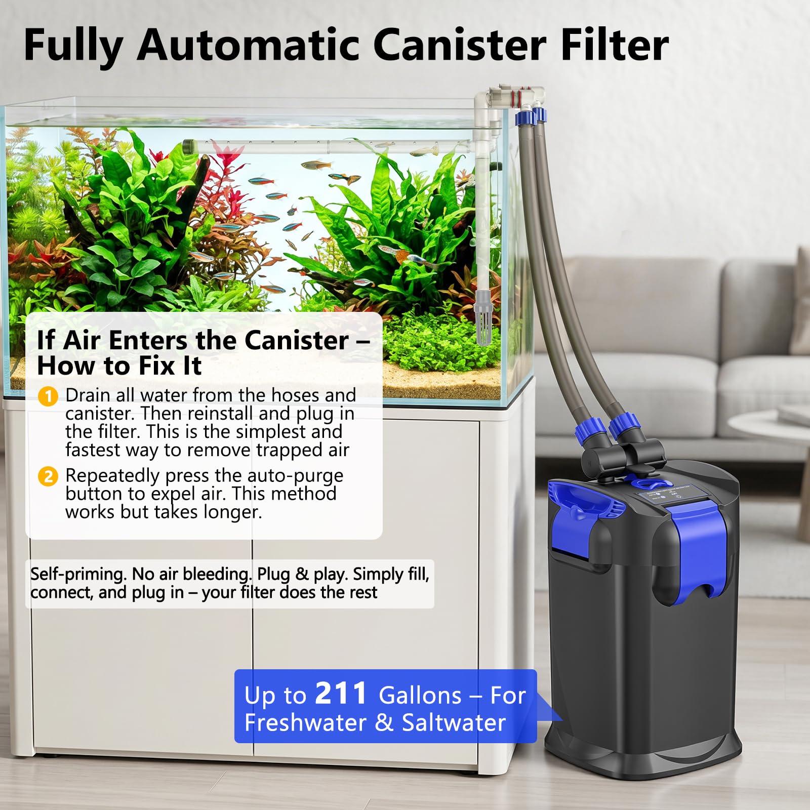 fishkeeper Kanisterfilter, 800 l/h, selbstansaugende externe Aquariumfilter, 2-stufige Filtration und ultra-leiser Kanister, filtert bis zu 25 Liter für Süß- und Salzwassertanks