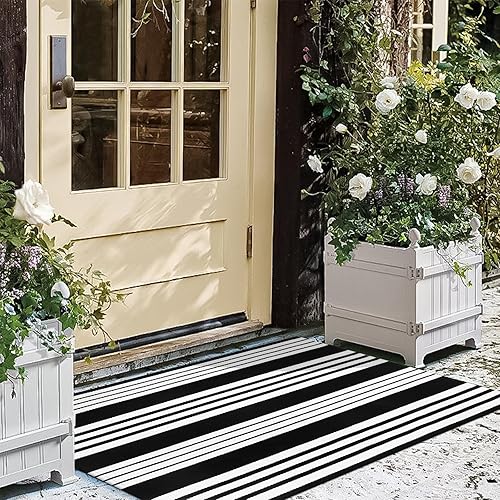 LEEVAN Alfombra de exterior blanca y negra de 3 x 5 pies, alfombra de algodón lavable a rayas, reversible, tejida para interiores y exteriores,