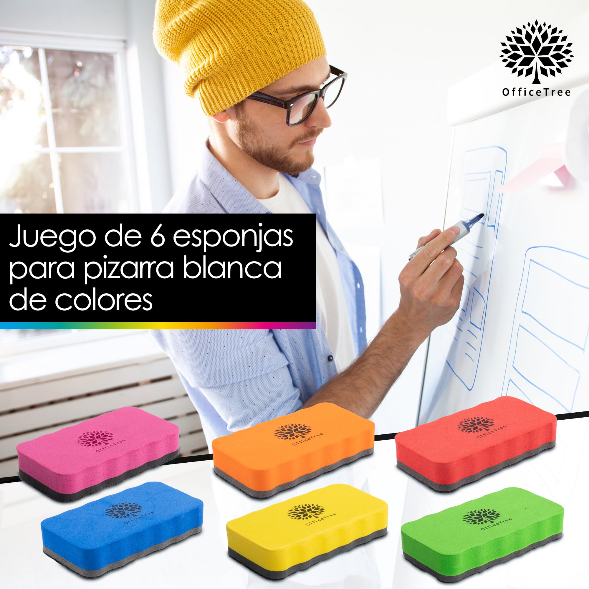 OfficeTree Borrador Pizarra Blanca Magnetico Colorido 6 Piezas