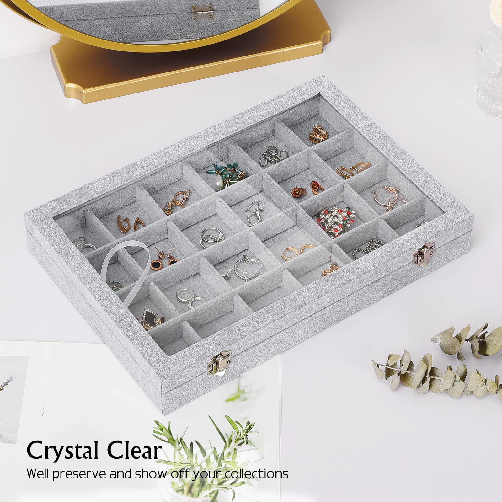 Emibele Velvet Jewelry Tray Organizer Box, 24 Grids with Clear Lid | Rings Earrings Bracelets Necklace Organizer Tray Showcase Display Jewelry Storage Case with Detachable Inner Dividers, Grey
