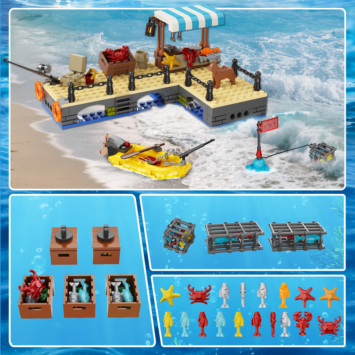 HiWEEGO Città barca da pesca cantiere navale – kit costruzione galleggiante oceano gru container, giocattolo regalo compleanno 6 7 8+