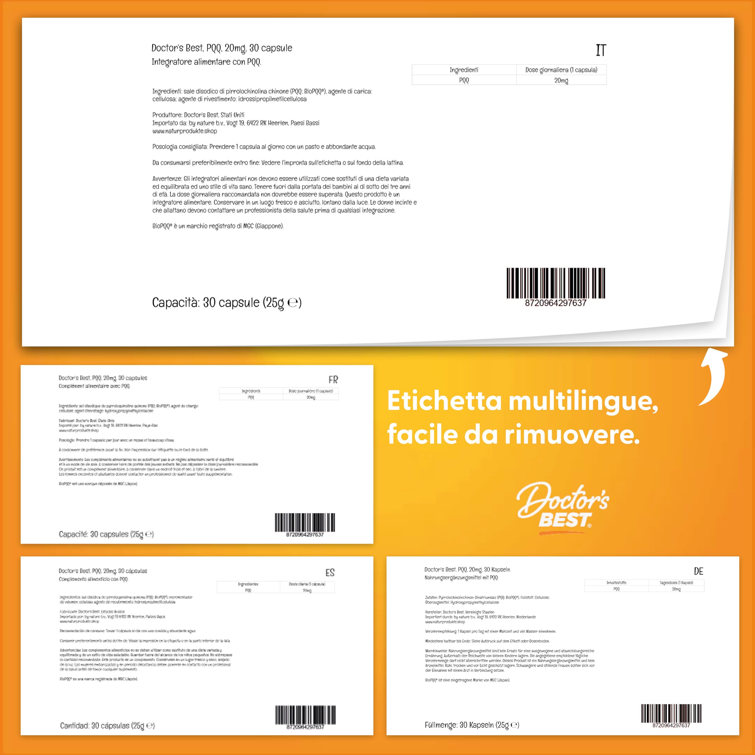 Doctor's Best, PQQ (Pyrroloquinoline Quinone), con BioPQQ, 20mg, 30 Capsule vegane, Altamente Dosato, Testato in Laboratorio, Senza Soia, Senza Glutine, non OGM