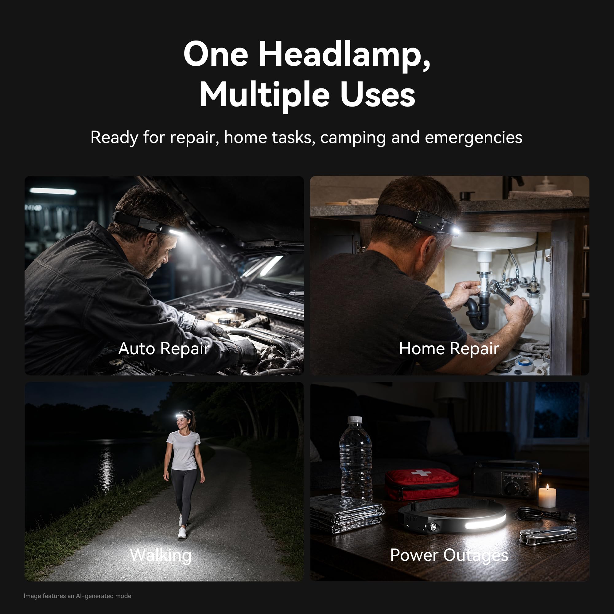 Linterna frontal, paquete de 2 faros LED recargables de 1200 lúmenes, 2 COB de haz ancho de 230° con sensor de movimiento brillante, 5 modos, ligera, impermeable, para correr, acampar y senderismo