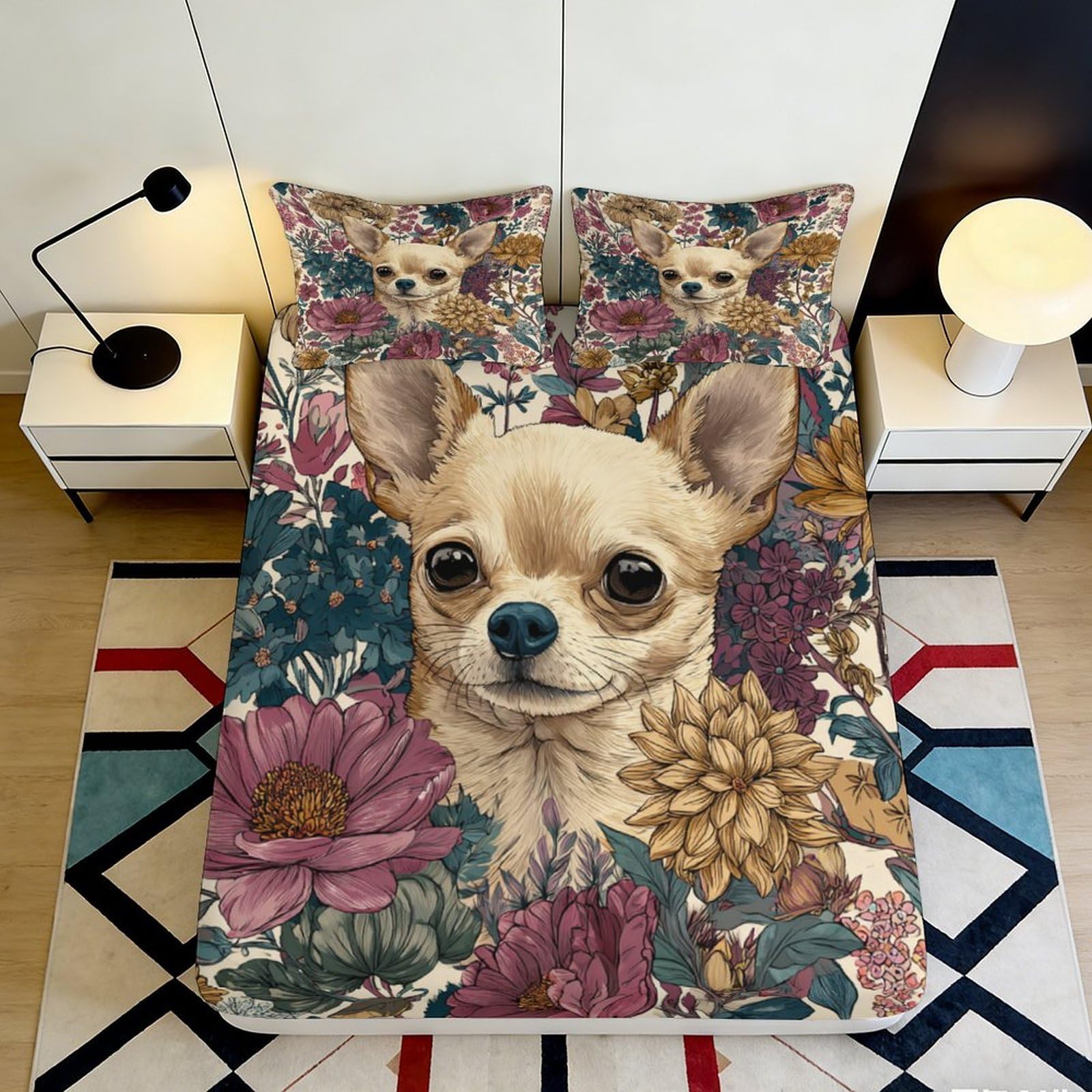 Pnayamiorkfel Style-9 3D Printed Chihuahua Floral Fitted Sheet Microfiber Soft Non-Slip Bed Cover For Bedroom Guest Room Decor 90X200x25cm