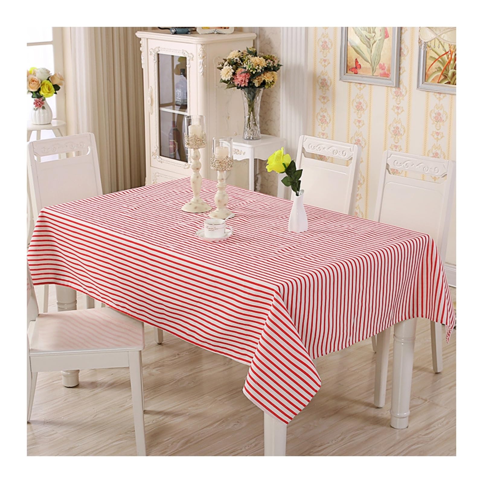 Nappe de table anti tache 130x180cm coton rose rayée lavable