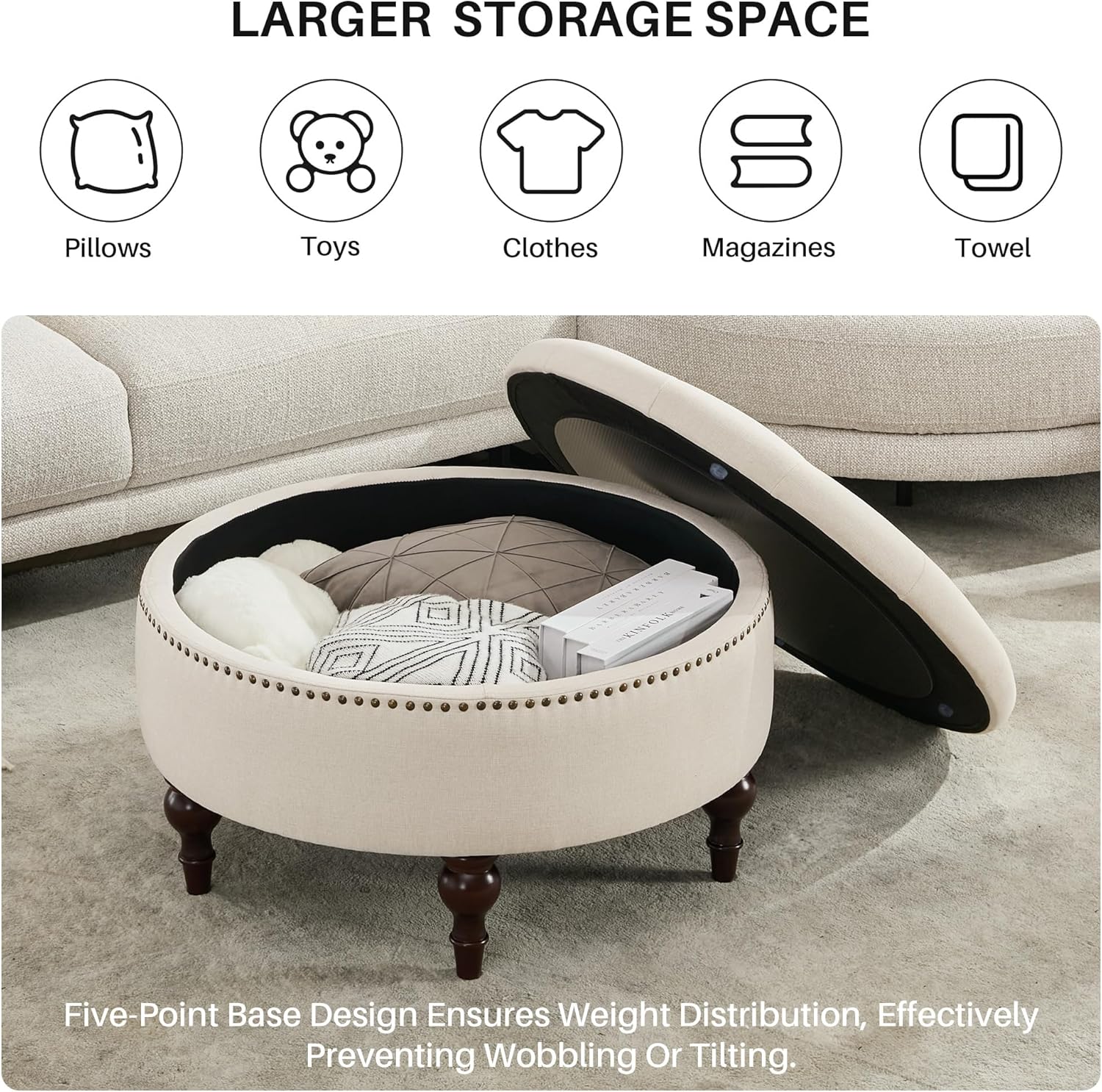 31.5" Large Round Storage Ottoman, Upholstered Tufted Linen Ottoman Coffee Table, Large Footrest with Solid Wooden Legs and Nailheads, Side Table for Living Room Bedroom Office, Beige