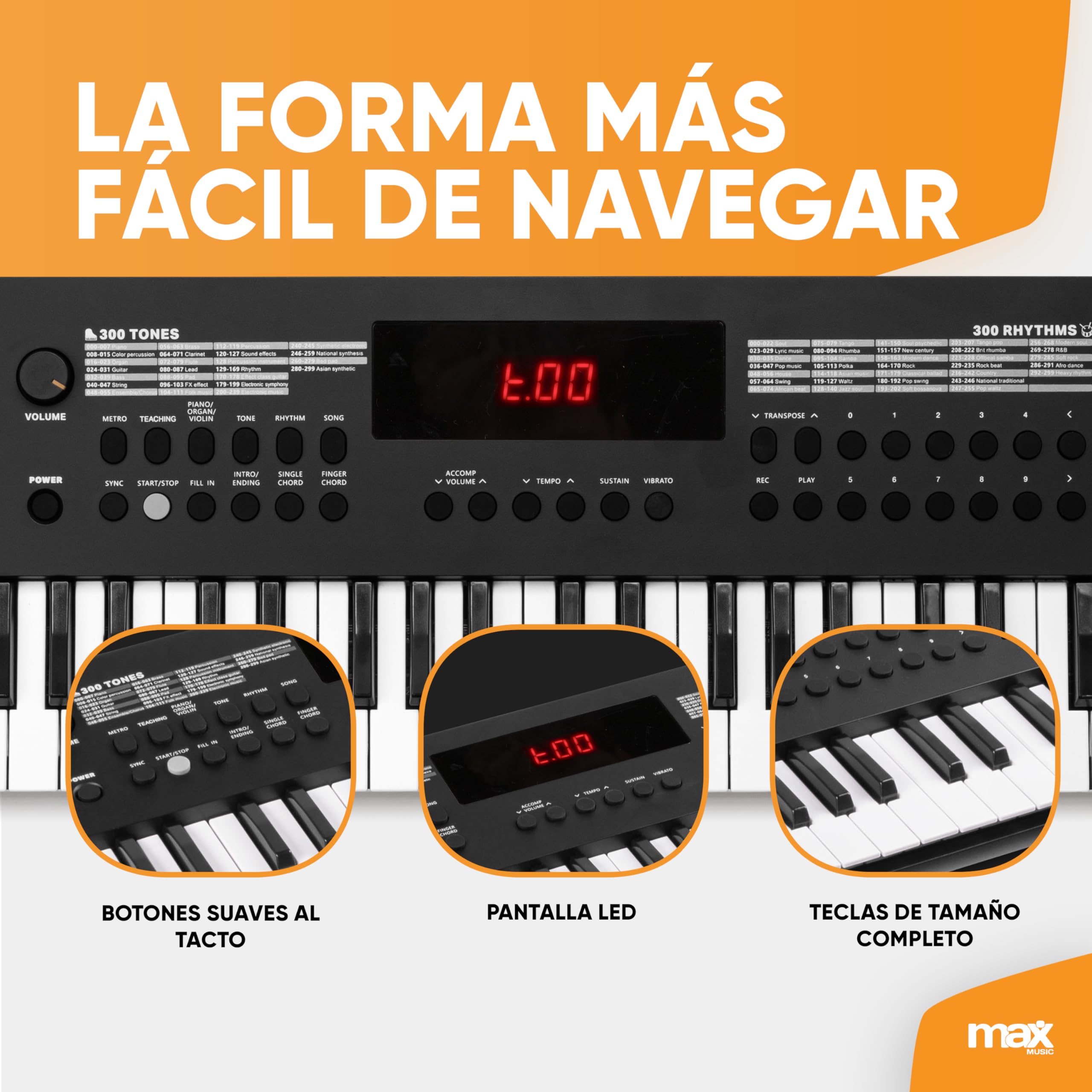 MAX Rhapsody49 - Piano eléctrico de 49 teclas para principiantes con función de aprendizaje, teclado con altavoz, pantalla LED, 80 canciones de demo, 300 de sonido y ritmos, USB-C, Midi y auriculares