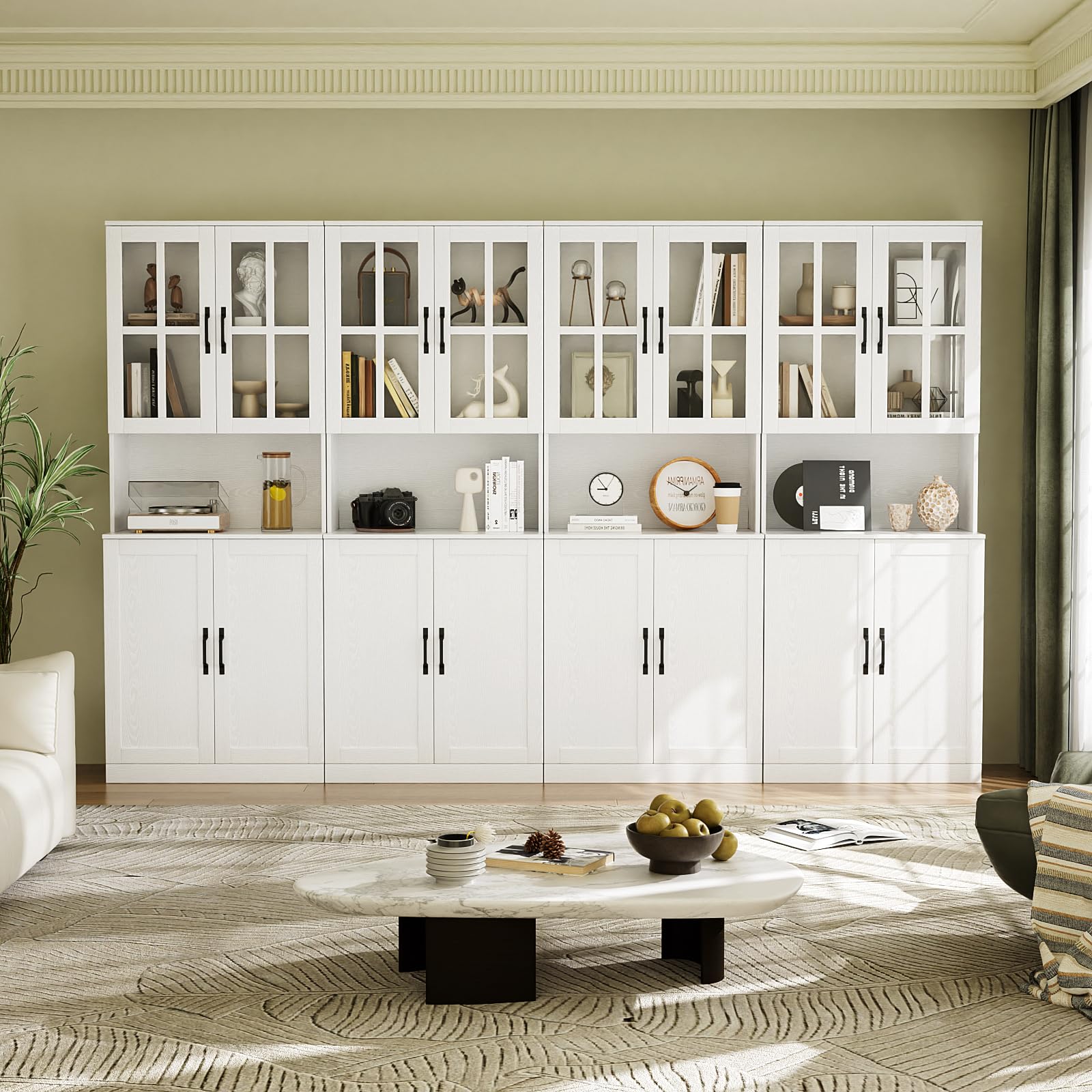 VOWNER Bücherregal mit Glastüren und offenem Fach, 180 cm Hochschrank, 5 Ebenen Bücherschrank, Standregal Vitrinenschrank, Buffetschrank mit Arbeitsplatte, 60x40x180 cm, für Wohnzimmer, Büro (3PCS)