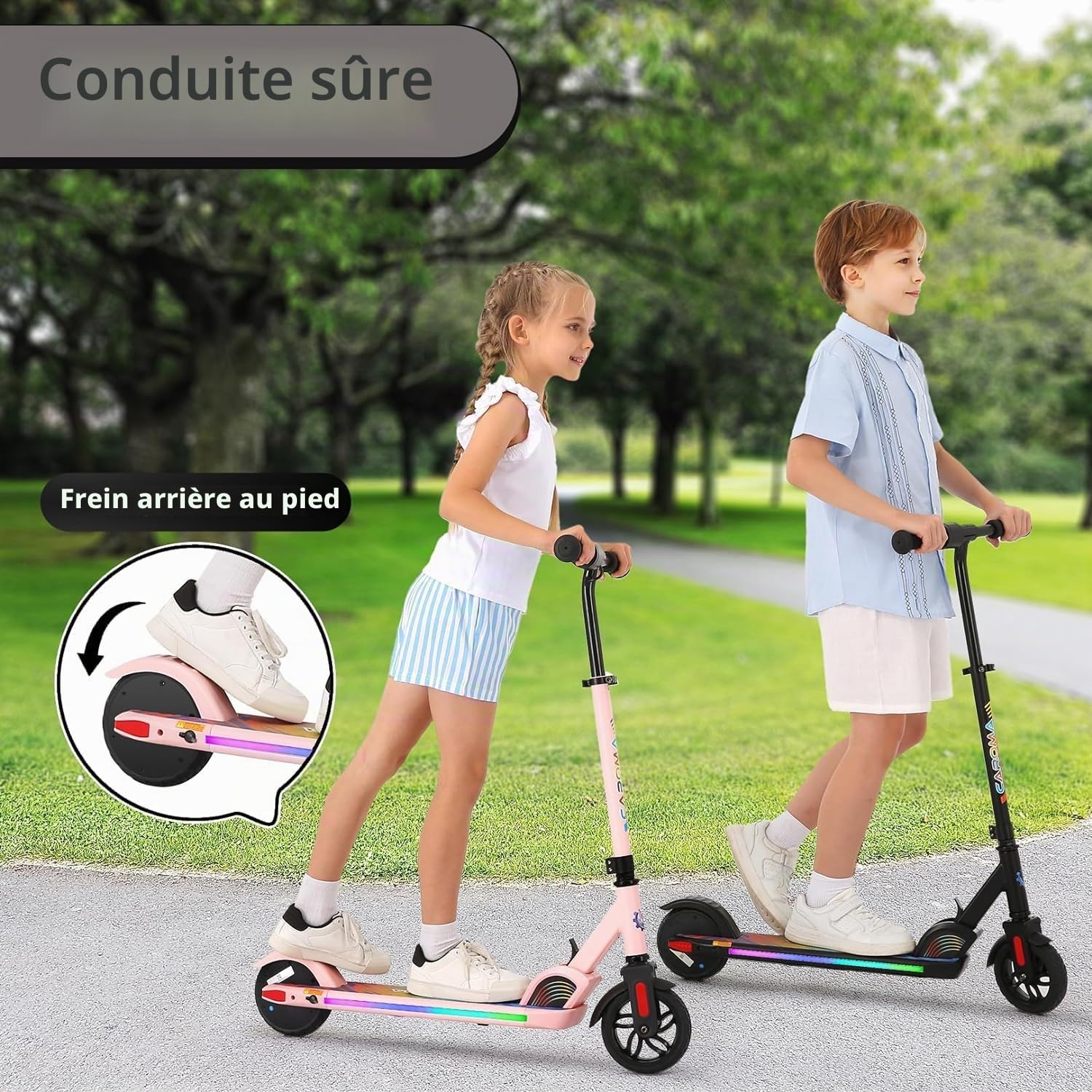 CAROMA Trottinette Electrique(8-10-12Ans), Trottinette électrique Pliable pour Enfants, Autonomie Max 6 KM, Max 16 KM/H, Moteur 150W, Vitesse et Hauteur Réglables, Cadeau pour Enfants et Adolescents