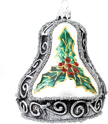 Adorno de campana de Navidad de vidrio soplado de 4 pulgadas (hoja de muérdago)