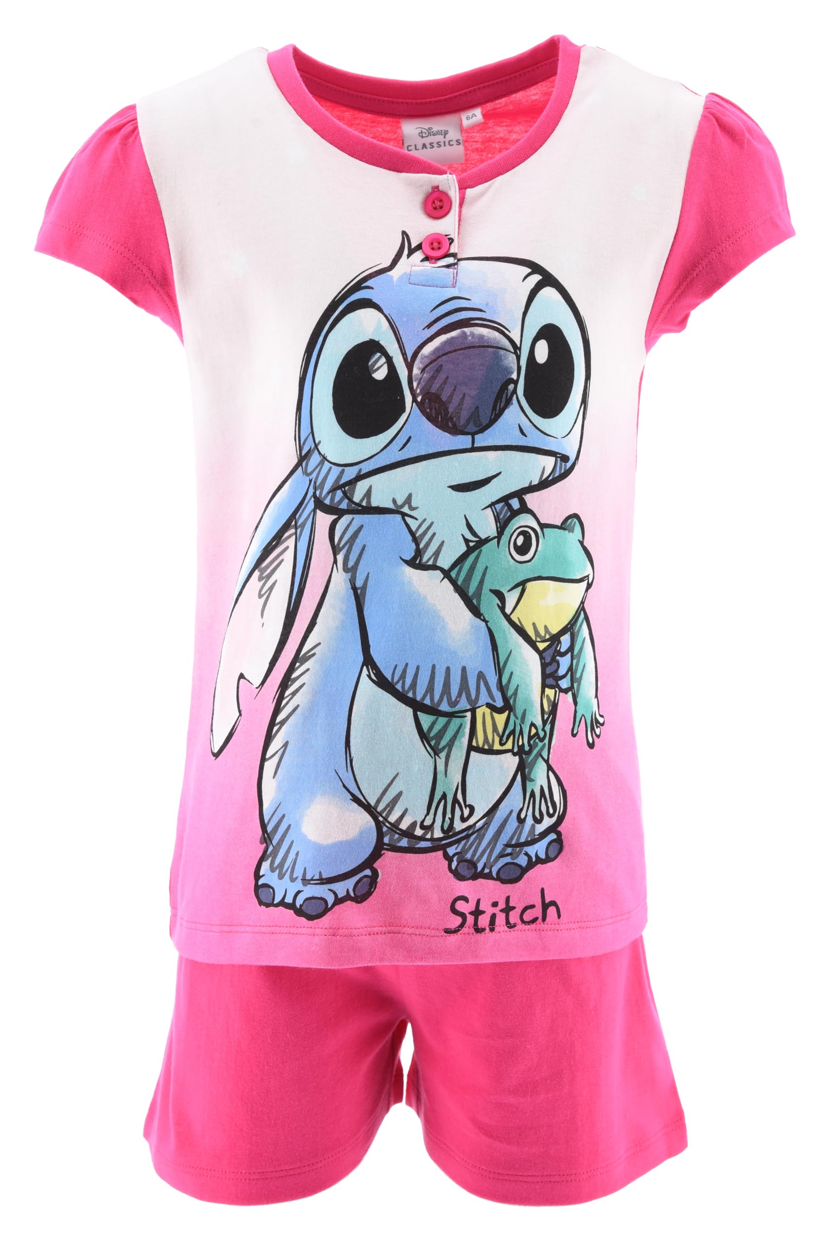 Disney Stitch Camiseta y Pantalón Corto para Niña, Pijama Algodón Suave, Diseño Stitch y Rana Conjunto 2 Piezas Verano, Tallas 6 a 12 Años