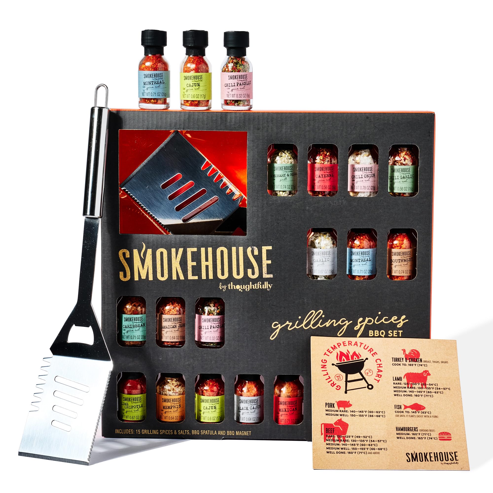 Smokehouse by Thoughtfully, juego de barbacoa de especias para parrilla, incluye espátula para barbacoa, imán y 15 condimentos y condimentos sabrosos, gran regalo para vacaciones, hombres, papá