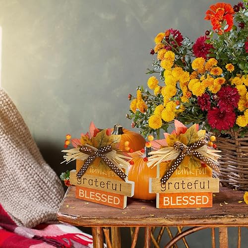Miniatura 6 de Tradder 3 piezas de decoración de otoño de madera de Acción de Gracias, letrero de mesa de madera de otoño, centro de mesa de cosecha de otoño,