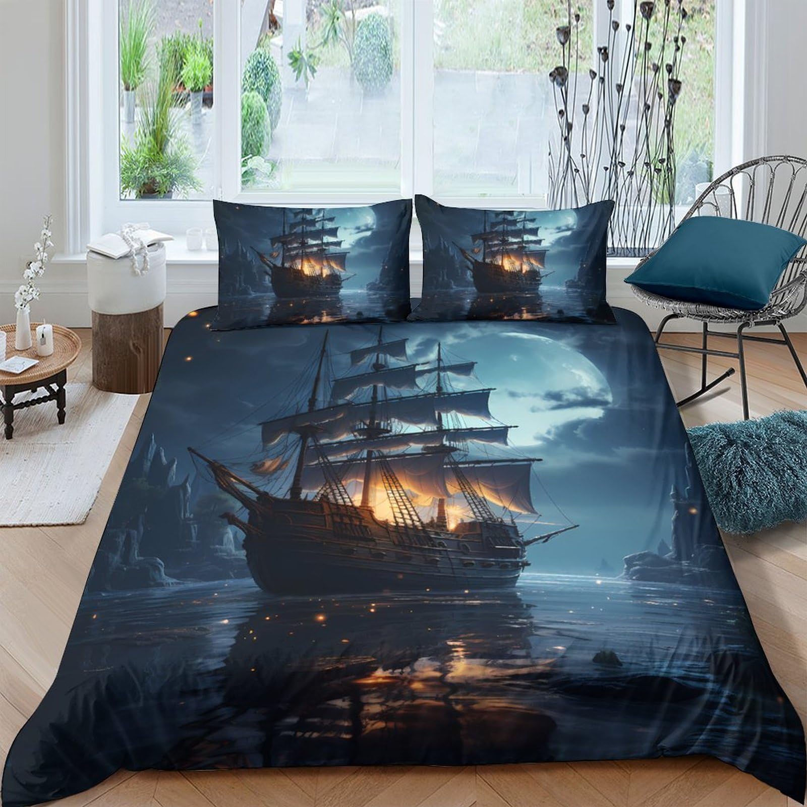 TUFRTGYHN 3D Printed Pirate Ship Duvet Cover Microfiber Soft Breathable Burning Galleon Bedding Set with 2 Pillowcases for Bedroom Decor Single（135x200cm）
