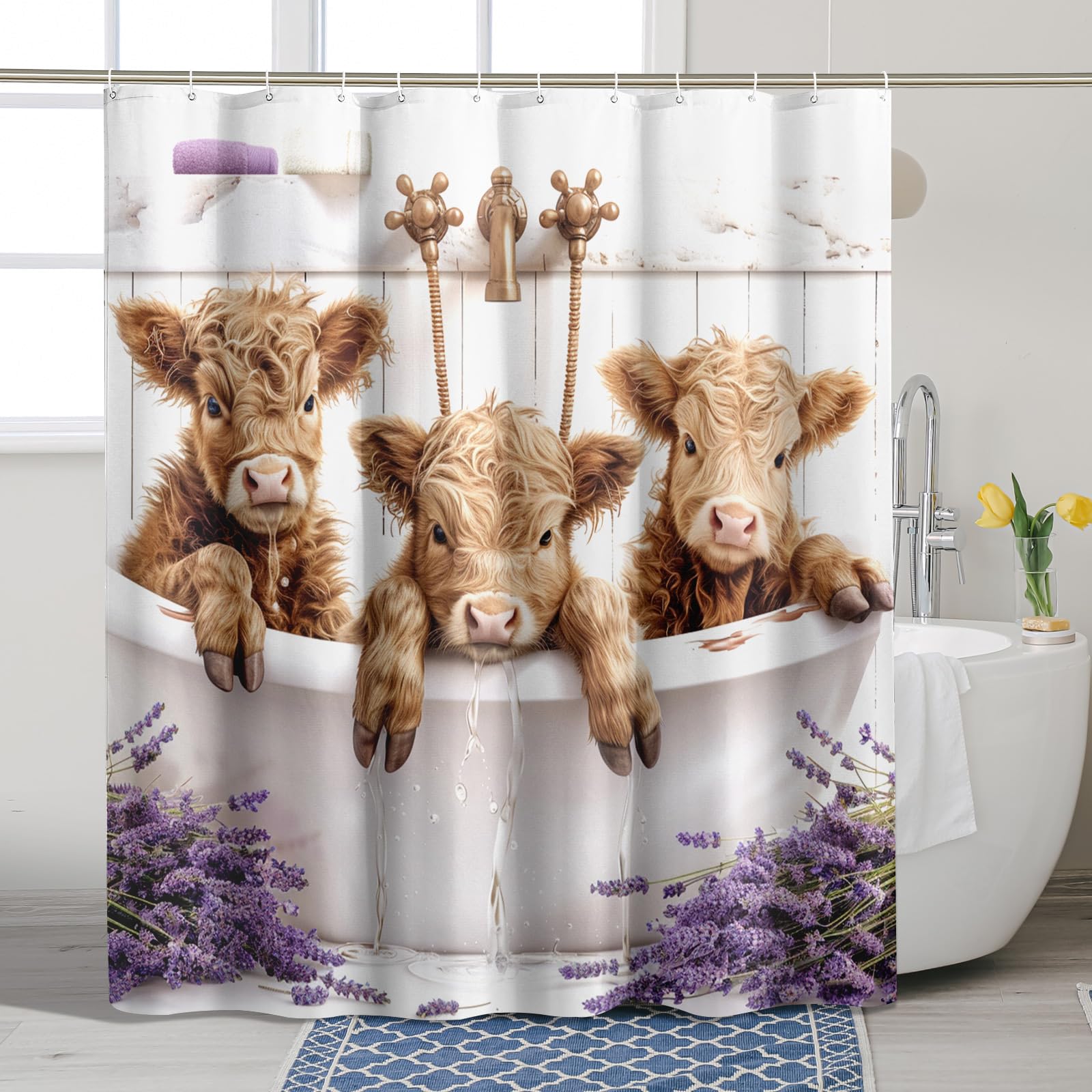 AMBZEK Highland - Tenda da doccia con mucca, 170 x 172 cm, rustica, floreale, con ghirlanda, plancia in legno occidentale, tessuto impermeabile, in