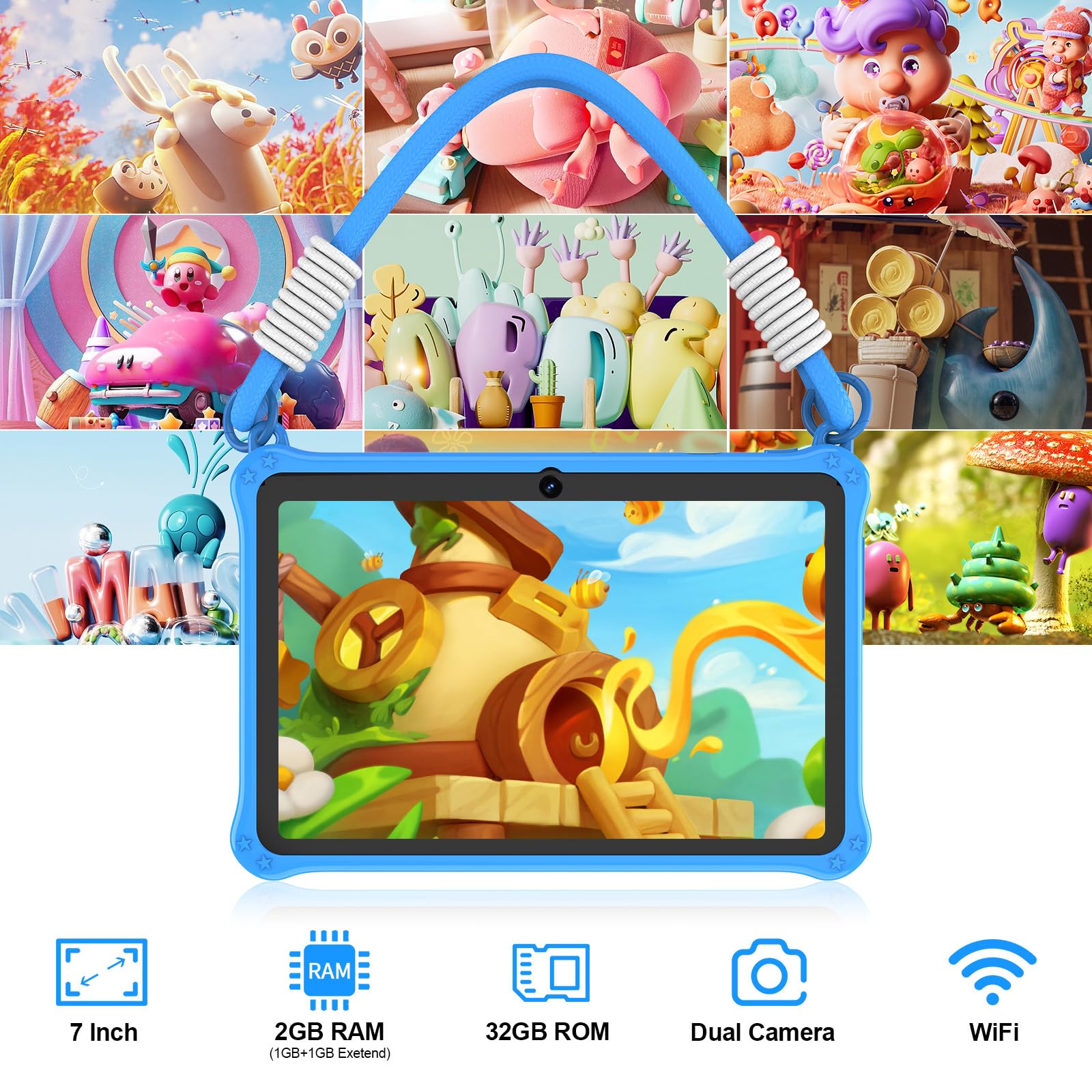 GOZZGEAR Android 13 Kids Tablets 7 inch for Toddler, Parental Control, Free Kids APP, 32GB, Expandable 512GB, 3500Mah, WiFi Dual Camera with Eye Protection, Blue — view 7