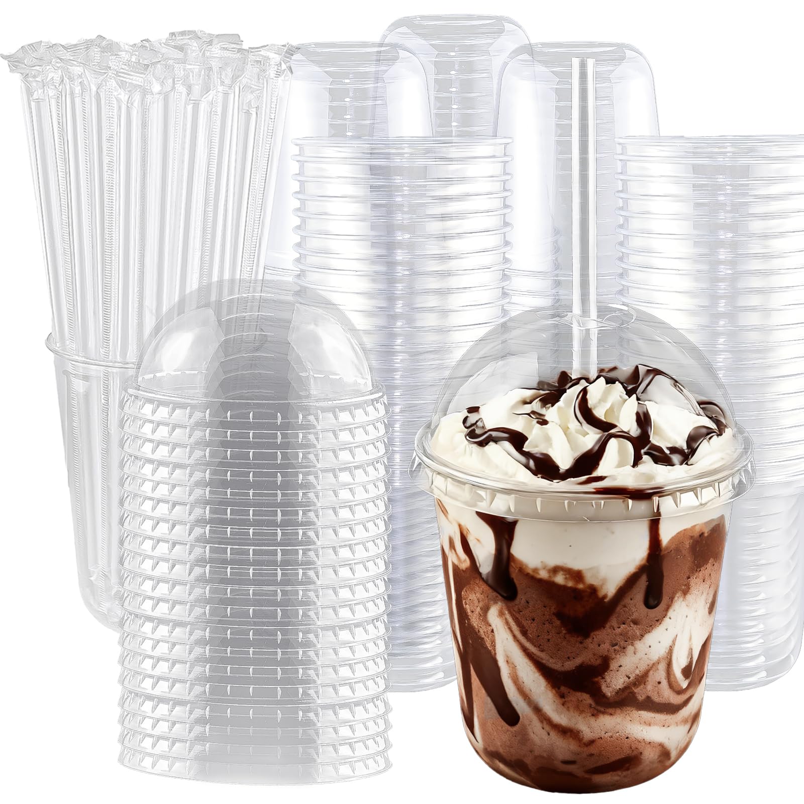 50 Set 12 oz Disposable Clear Plastic Cups with Dome Lids and Straws, Durable Plastic Party Cups for Iced Coffee, Milk Tea, Assorted Beverages, Perfect for Parties, Wedding, Festival Events
