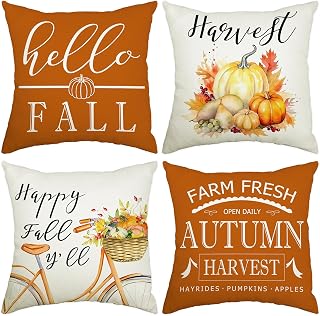 ADFLOOD Fall Pillow Covers 18X18 Set of 4,Hello Fall Pumpkin Bicycle Decorative Throw Pillows for Autumn Decor Farmhouse Thanksgiving Orange Cushion Case for Couch Sofa
